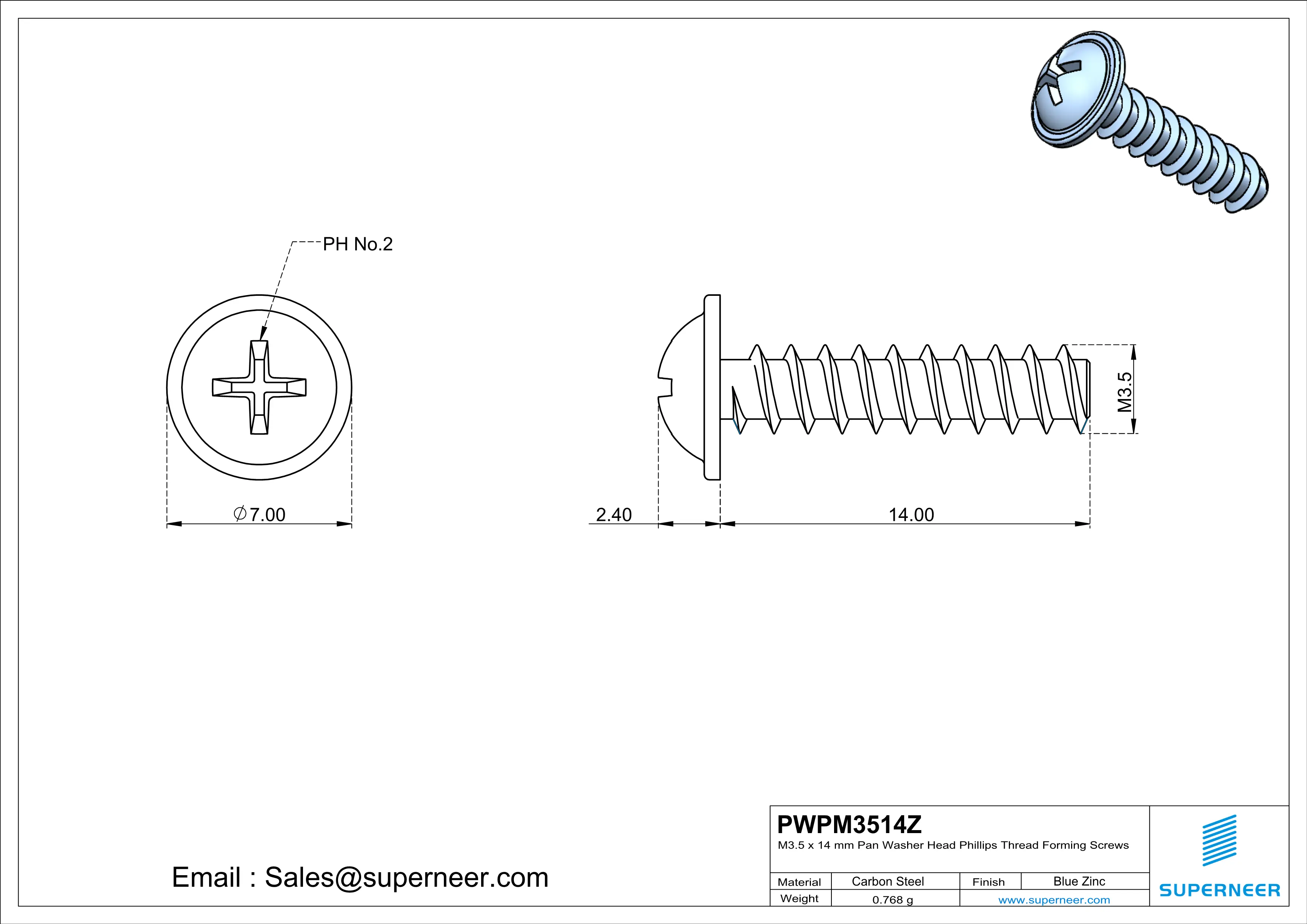 M3.5 &times; 14mm  Pan Washer Head Phillips Thread Foming Screws for Plastic   Steel Blue Zinc Plated