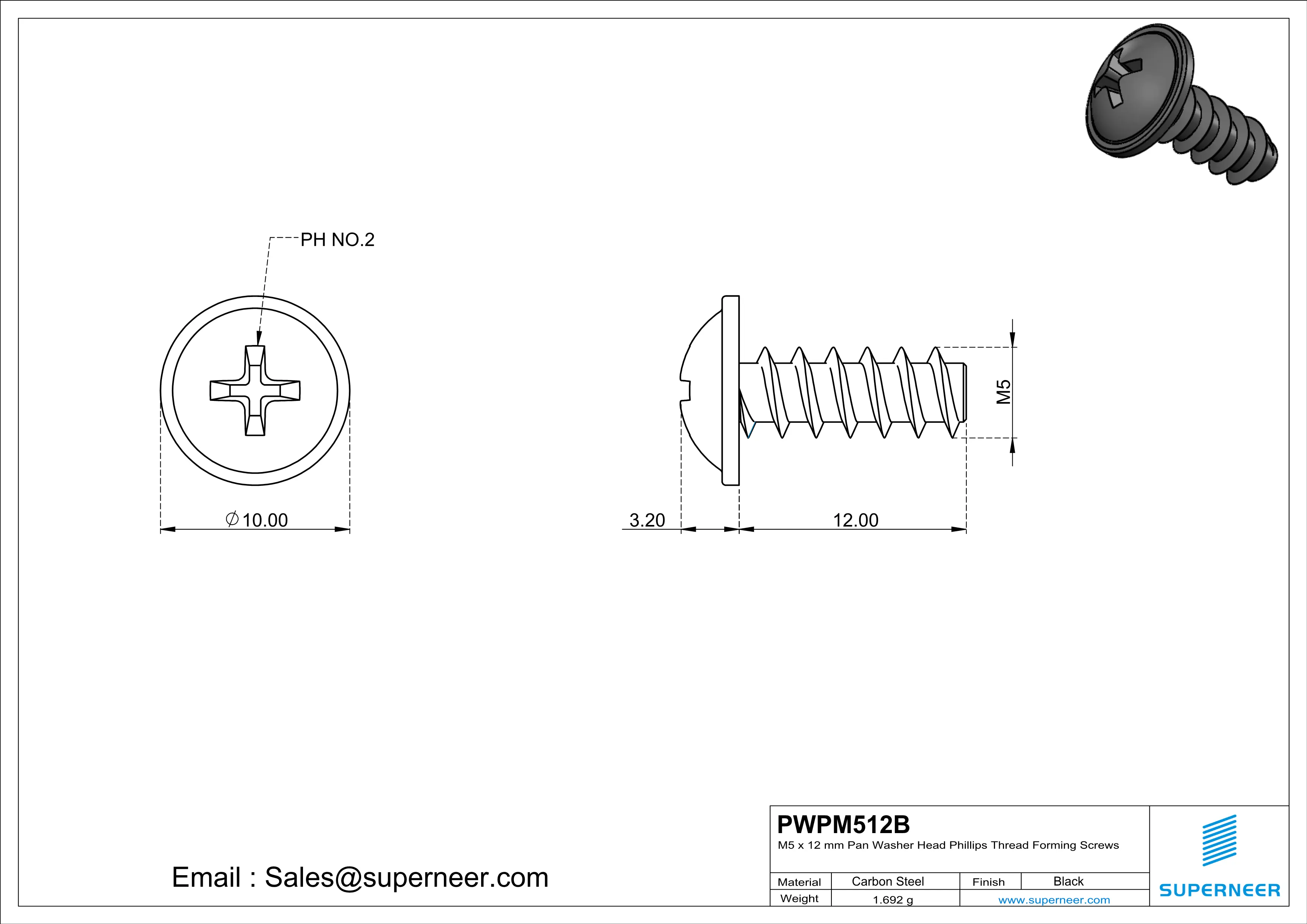 M5 &times; 12mm  Pan Washer Head Phillips Thread Foming Screws for Plastic   Steel Black