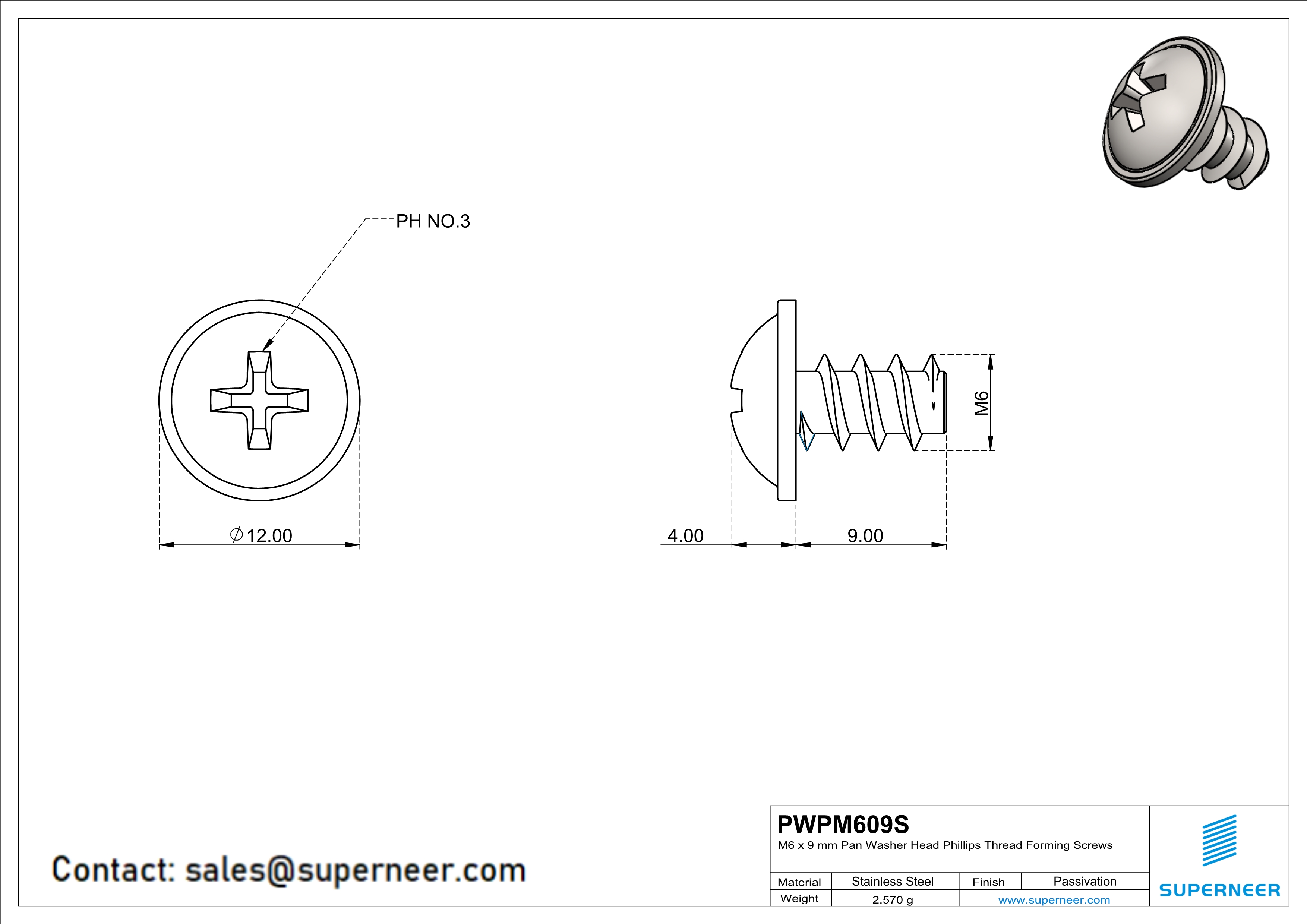 M6 &times; 9mm  Pan Washer Head Phillips Thread Foming Screws for Plastic SUS304 Stainless Steel Inox