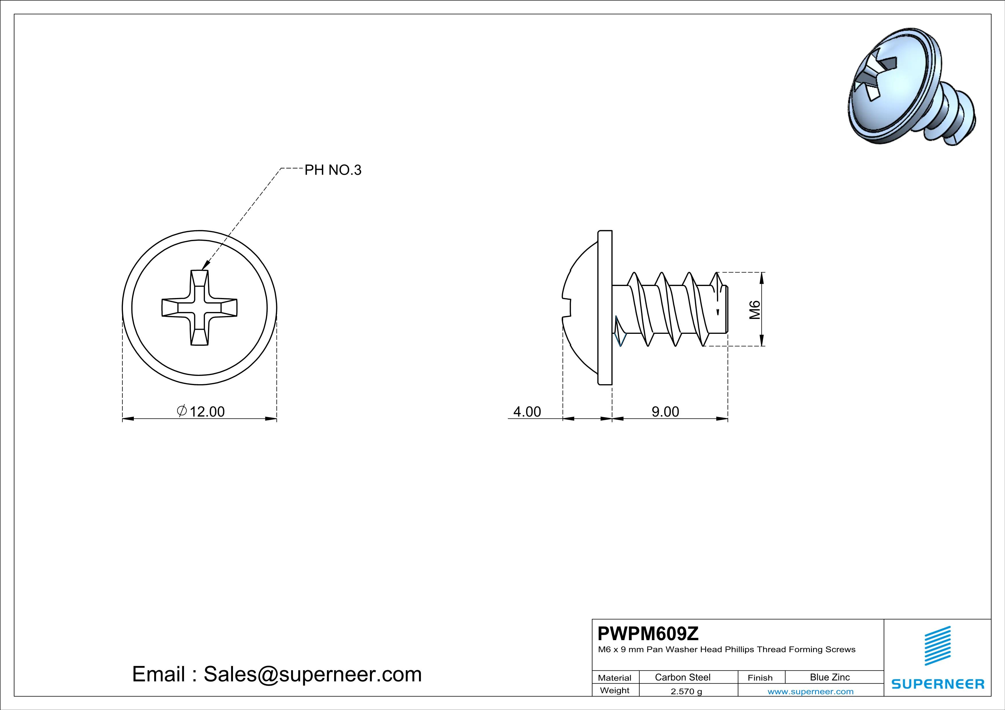 M6 &times; 9mm  Pan Washer Head Phillips Thread Foming Screws for Plastic   Steel Blue Zinc Plated