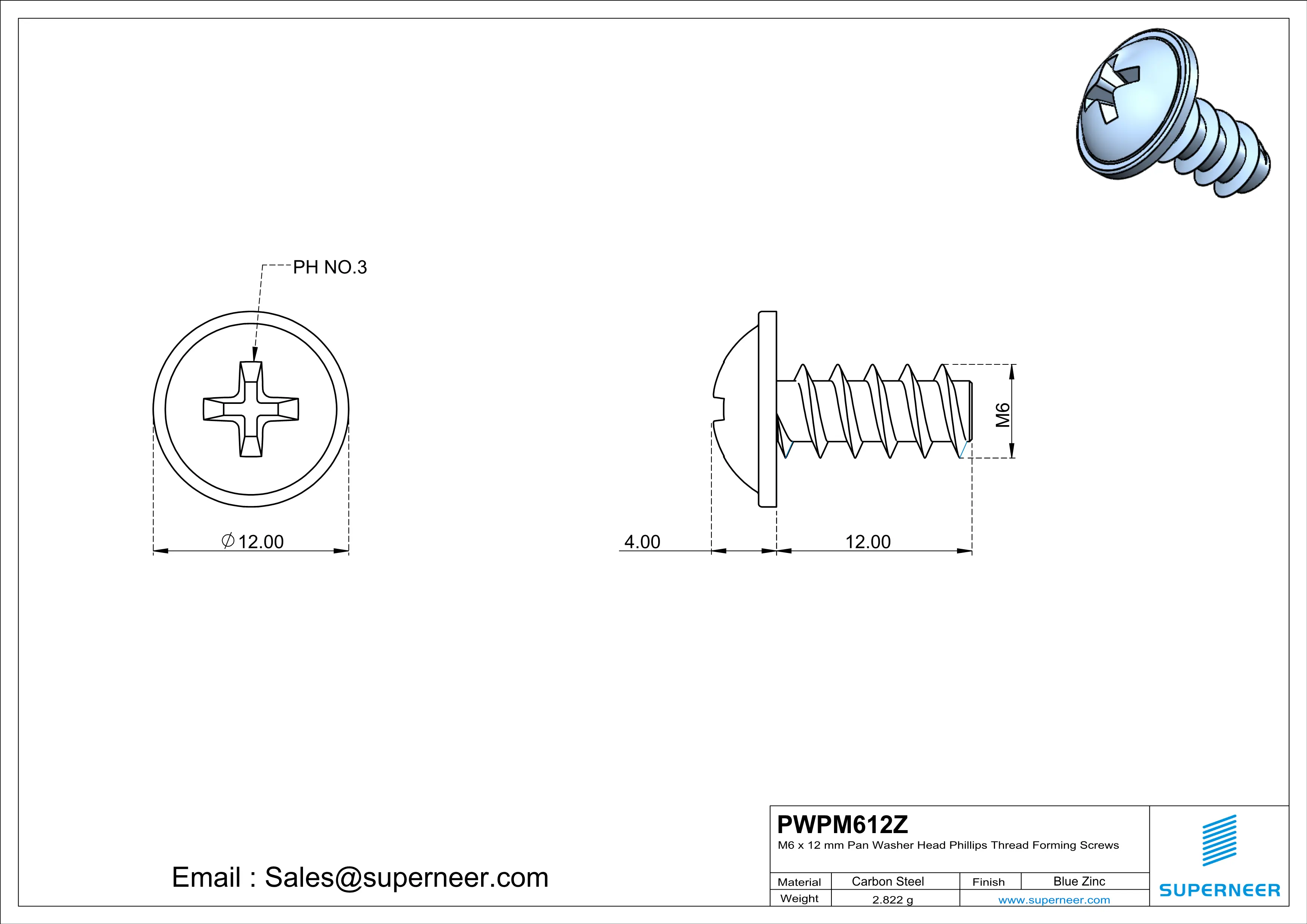 M6 &times; 12mm  Pan Washer Head Phillips Thread Foming Screws for Plastic   Steel Blue Zinc Plated