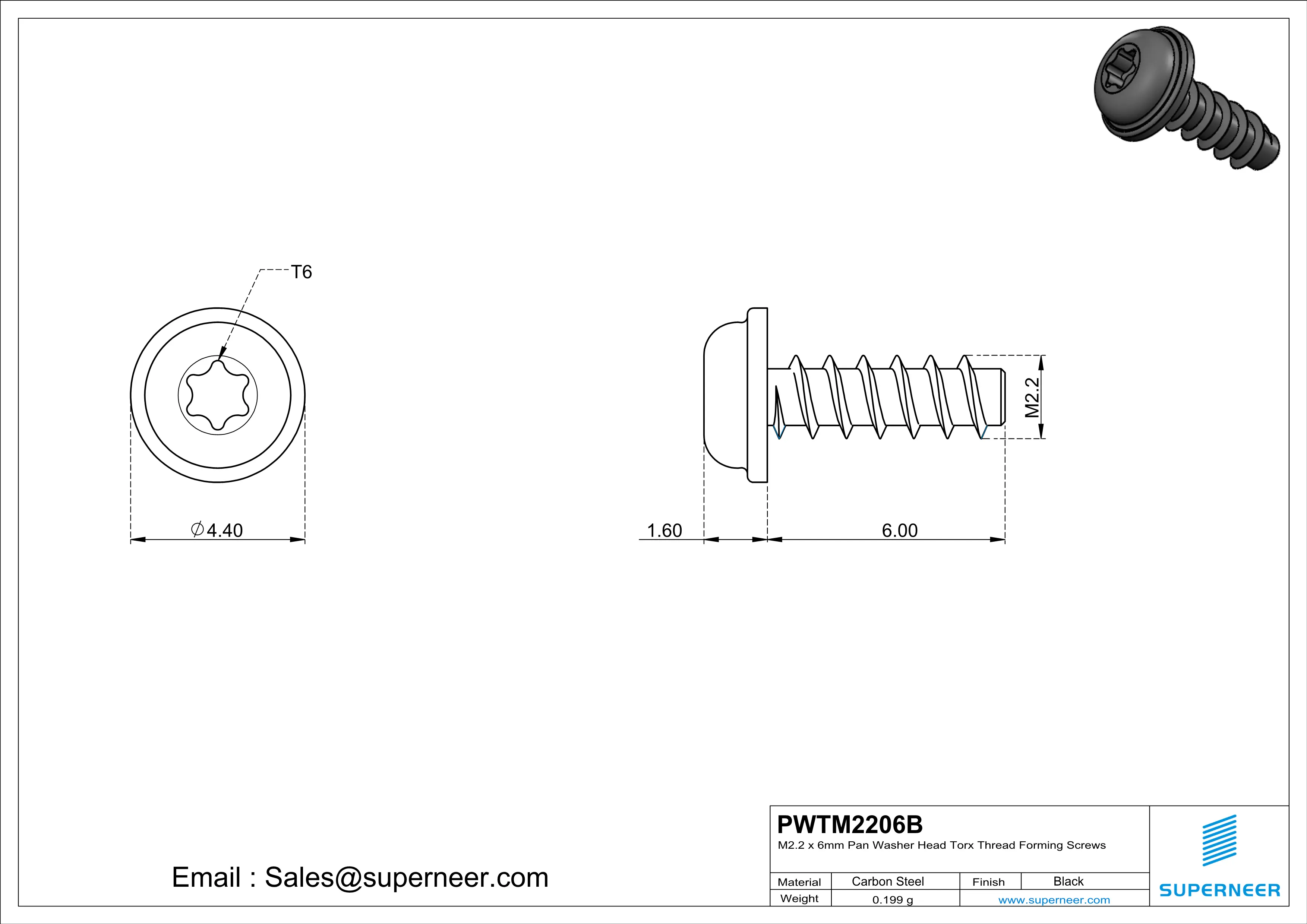 M2.2 &times; 6mm  Pan Washer Head Torx Thread Foming Screws for Plastic   Steel Black