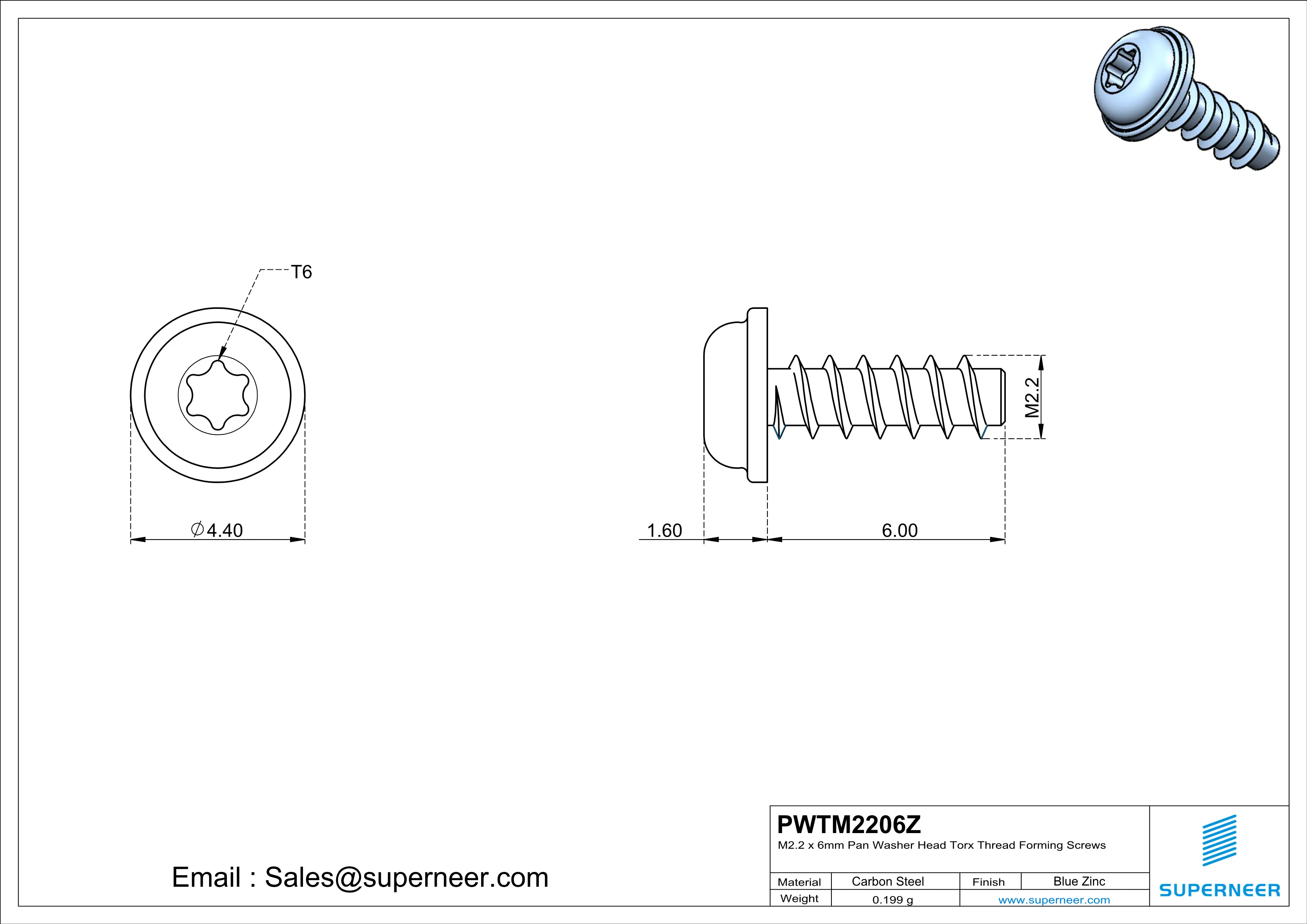 M2.2 &times; 6mm  Pan Washer Head Torx Thread Foming Screws for Plastic   Steel Blue Zinc Plated