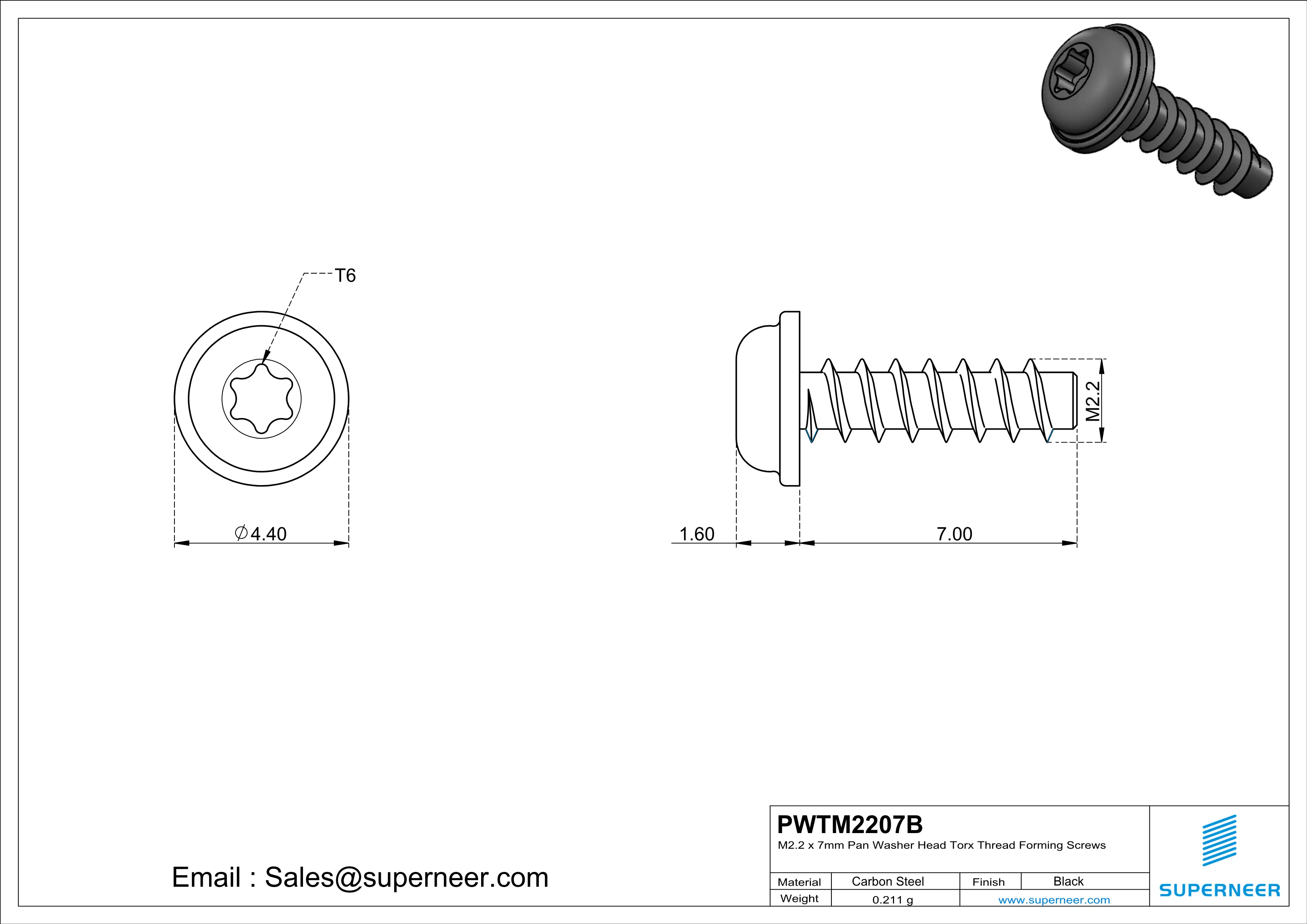 M2.2 &times; 7mm  Pan Washer Head Torx Thread Foming Screws for Plastic   Steel Black