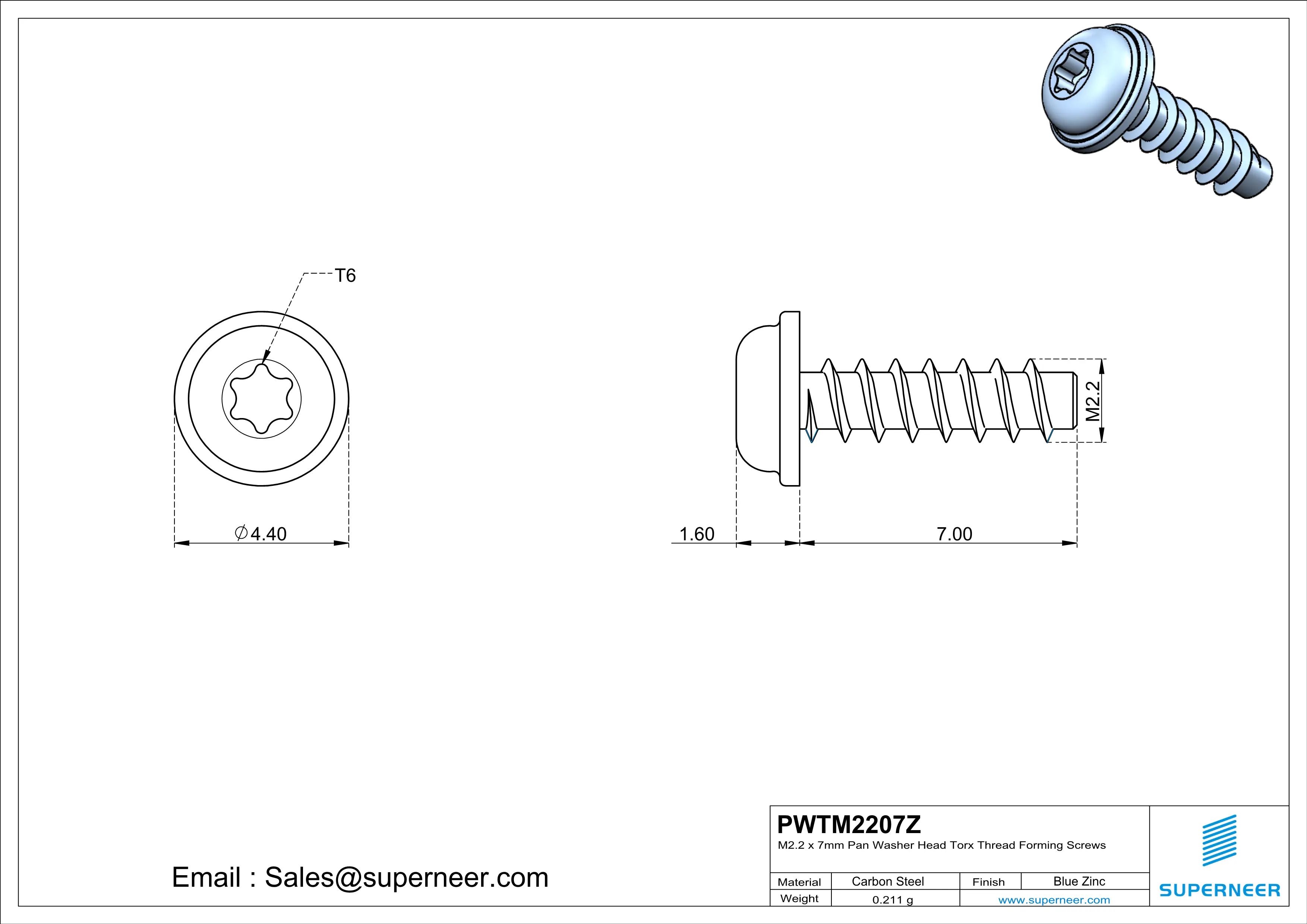 M2.2 &times; 7mm  Pan Washer Head Torx Thread Foming Screws for Plastic   Steel Blue Zinc Plated