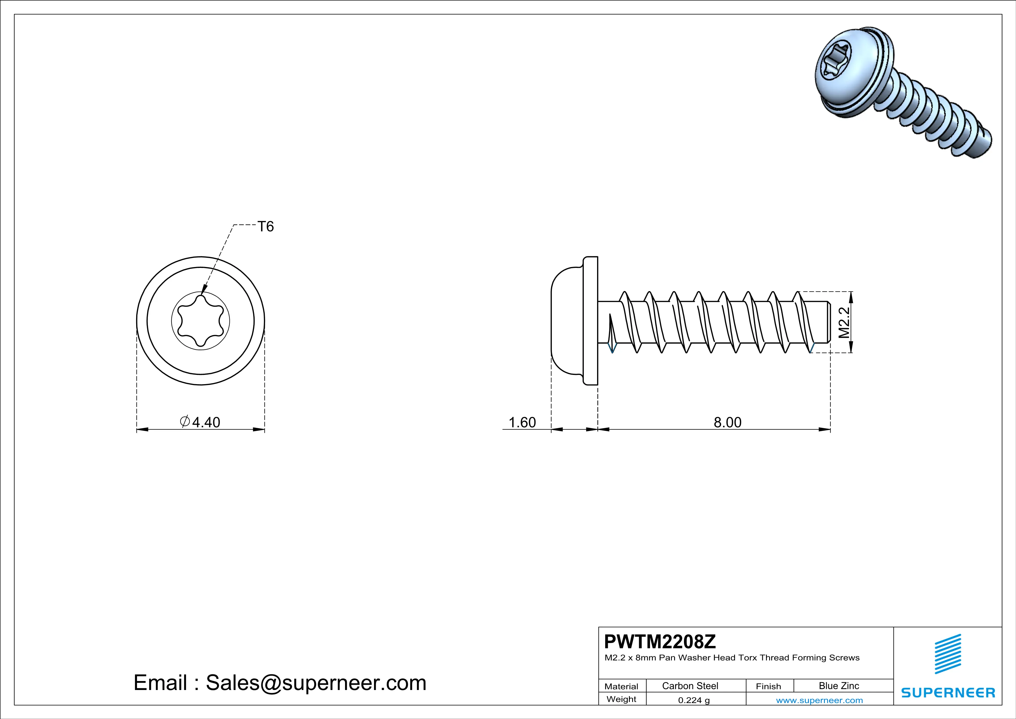 M2.2 &times; 8mm  Pan Washer Head Torx Thread Foming Screws for Plastic   Steel Blue Zinc Plated
