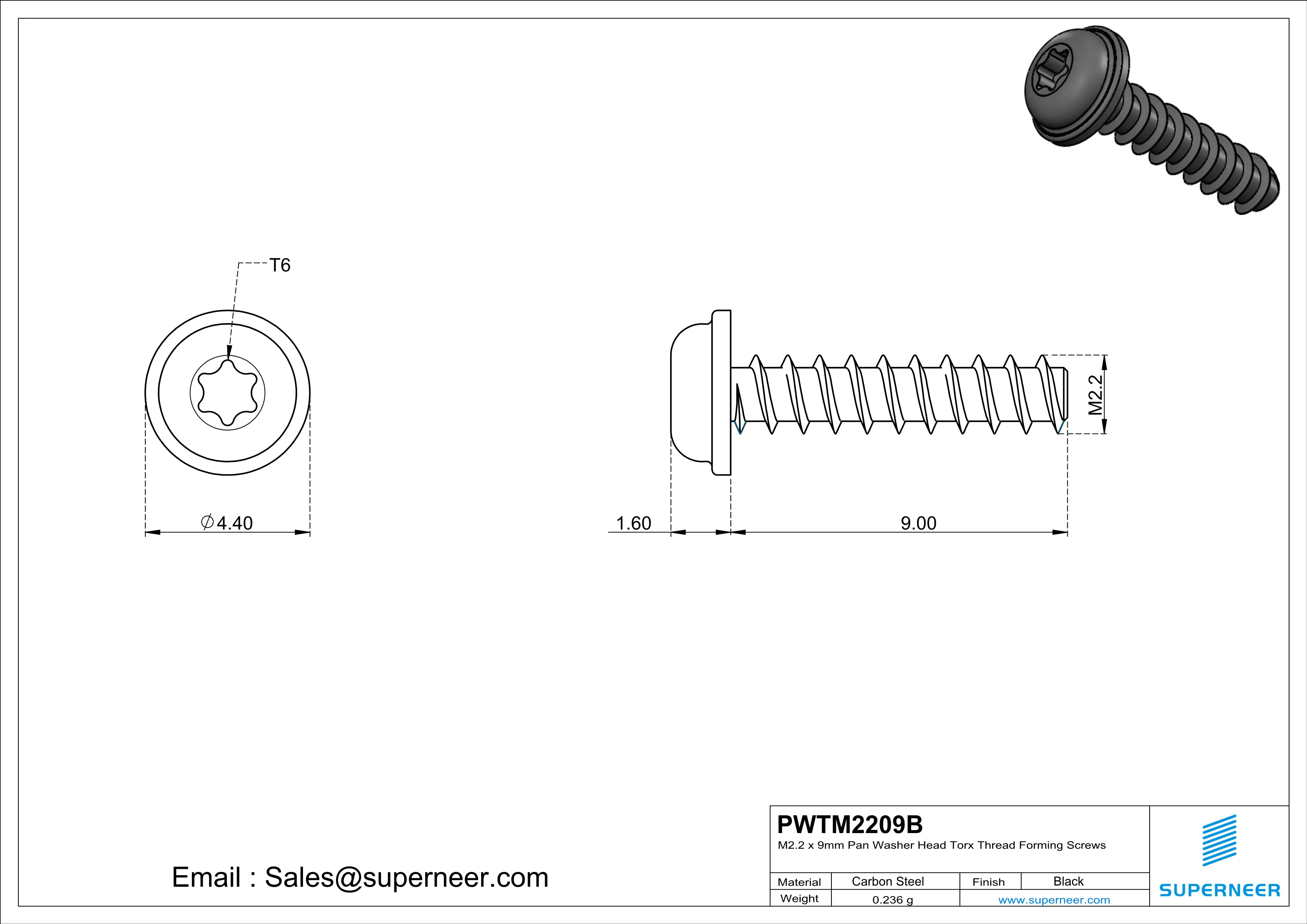 M2.2 &times; 9mm  Pan Washer Head Torx Thread Foming Screws for Plastic   Steel Black