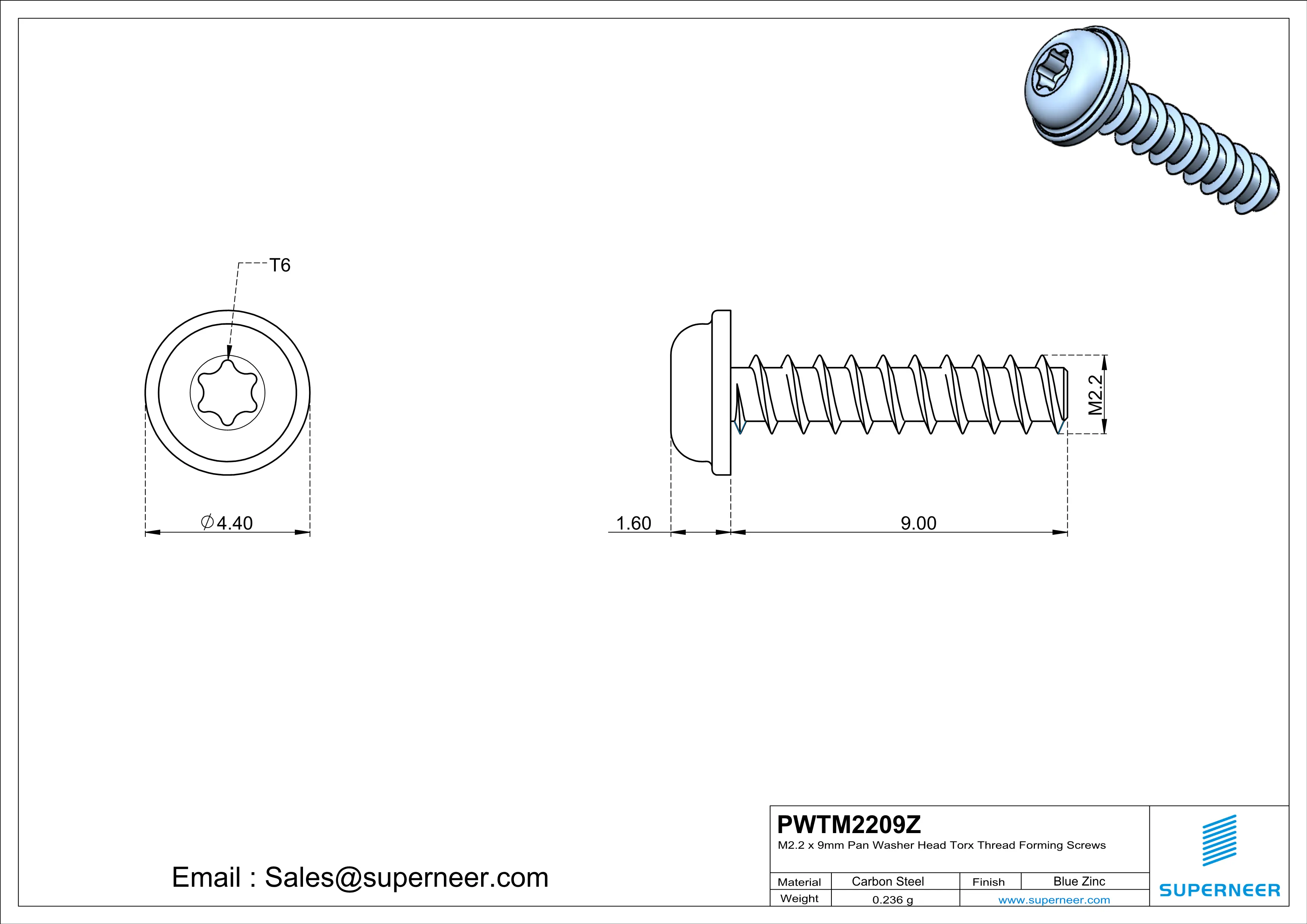M2.2 &times; 9mm  Pan Washer Head Torx Thread Foming Screws for Plastic   Steel Blue Zinc Plated