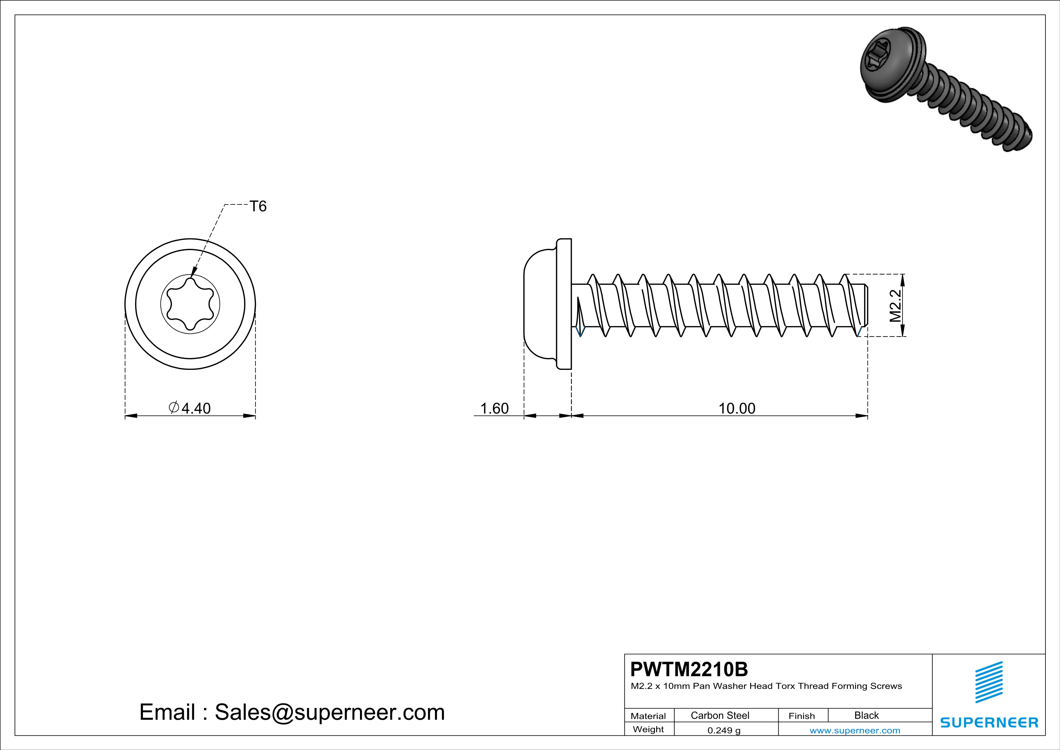 M2.2 &times; 10mm  Pan Washer Head Torx Thread Foming Screws for Plastic   Steel Black