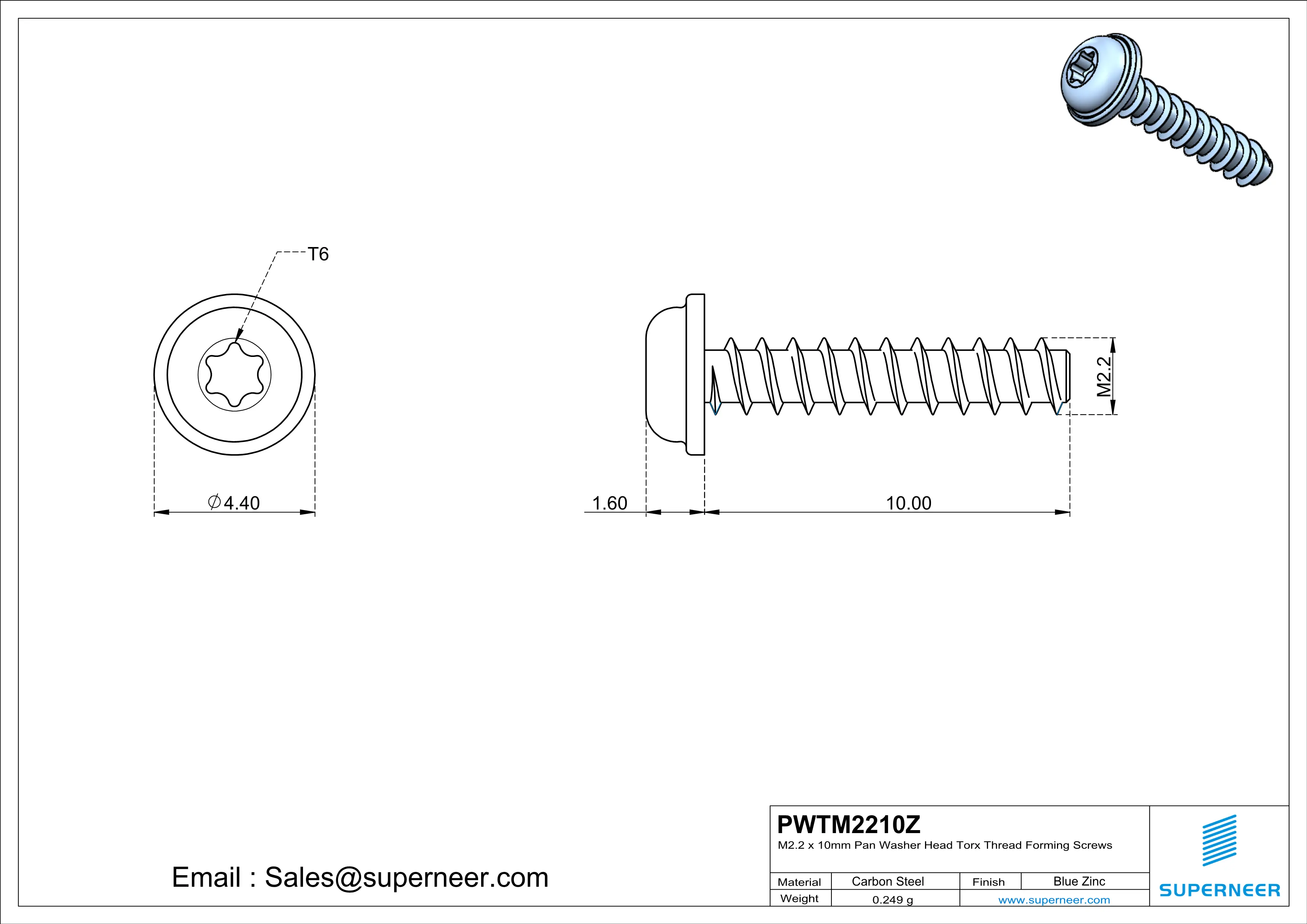 M2.2 &times; 10mm  Pan Washer Head Torx Thread Foming Screws for Plastic   Steel Blue Zinc Plated