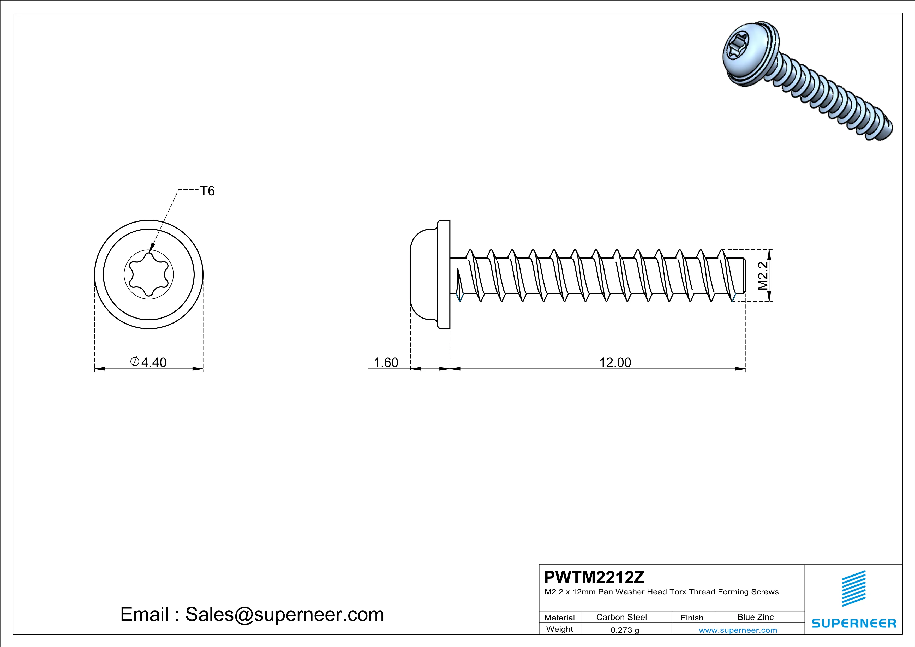 M2.2 &times; 12mm  Pan Washer Head Torx Thread Foming Screws for Plastic   Steel Blue Zinc Plated