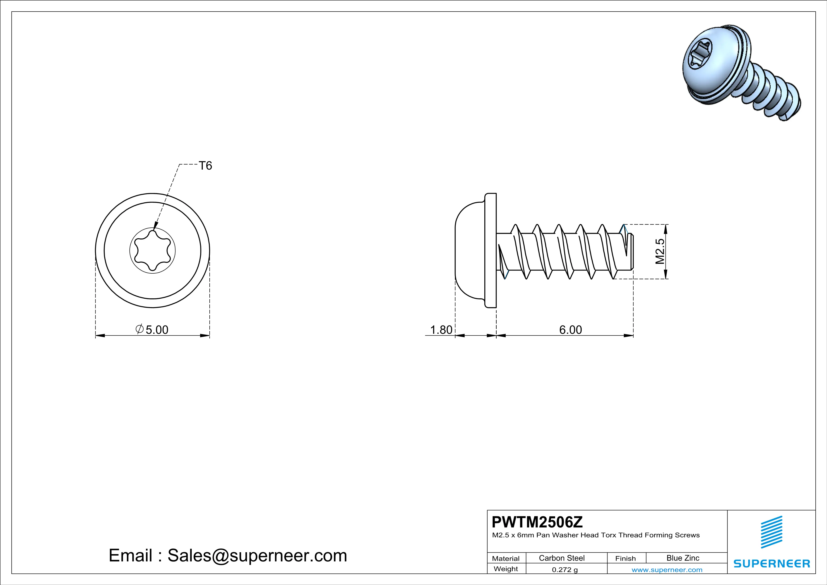 M2.5 &times; 6mm  Pan Washer Head Torx Thread Foming Screws for Plastic   Steel Blue Zinc Plated
