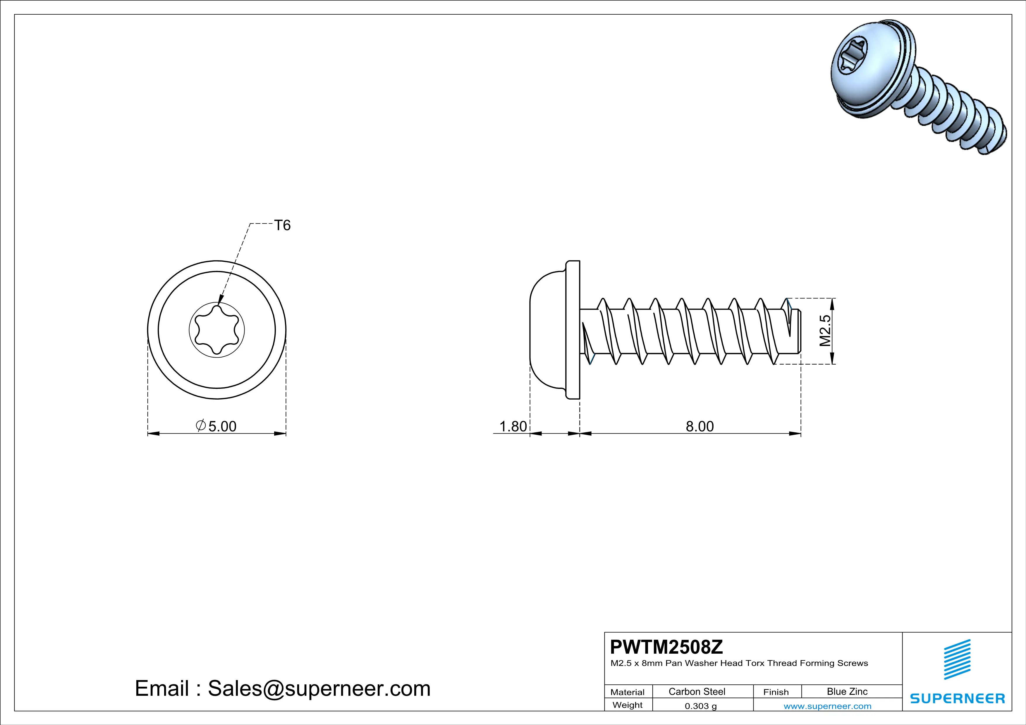 M2.5 &times; 8mm  Pan Washer Head Torx Thread Foming Screws for Plastic   Steel Blue Zinc Plated