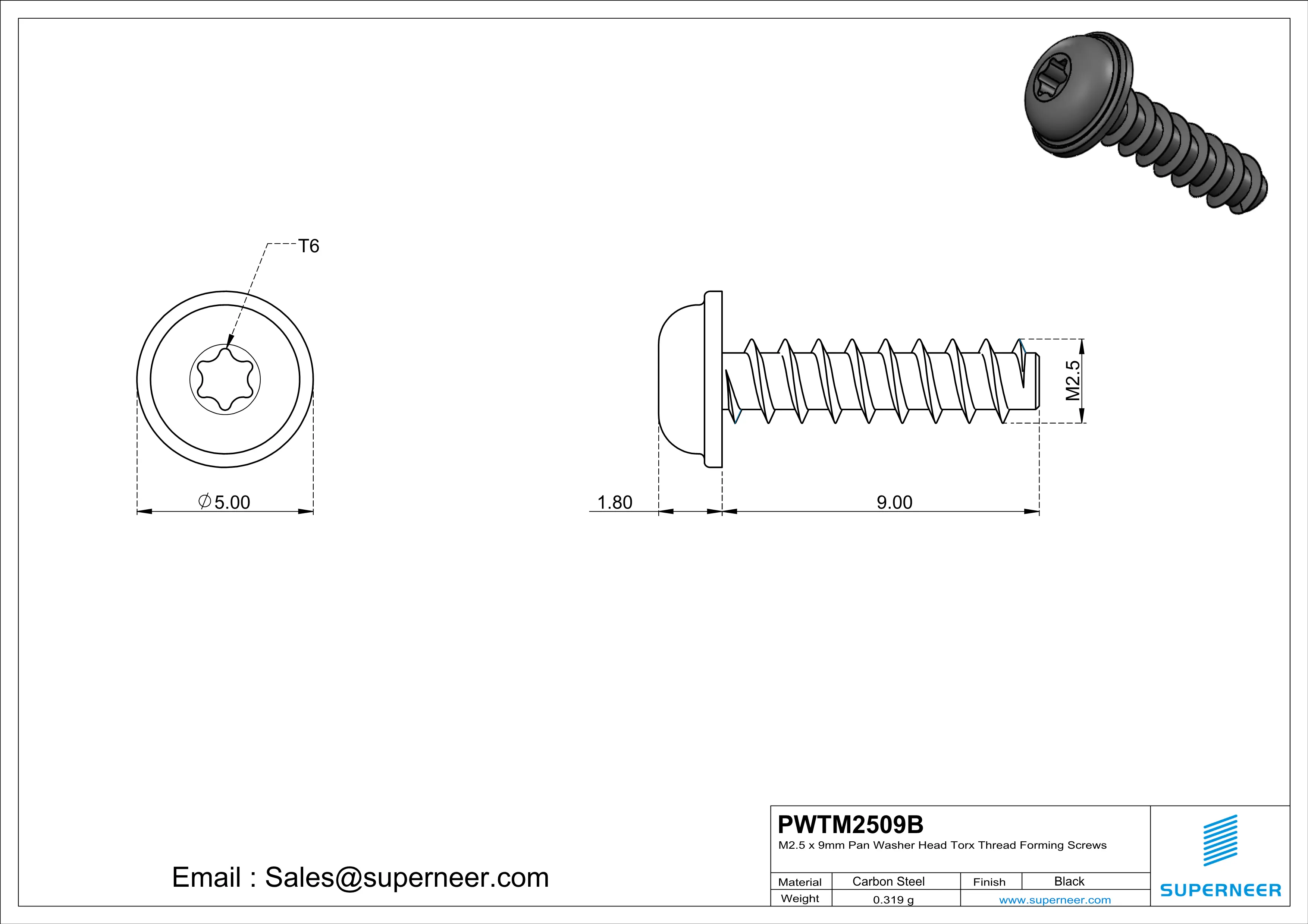 M2.5 &times; 9mm  Pan Washer Head Torx Thread Foming Screws for Plastic   Steel Black
