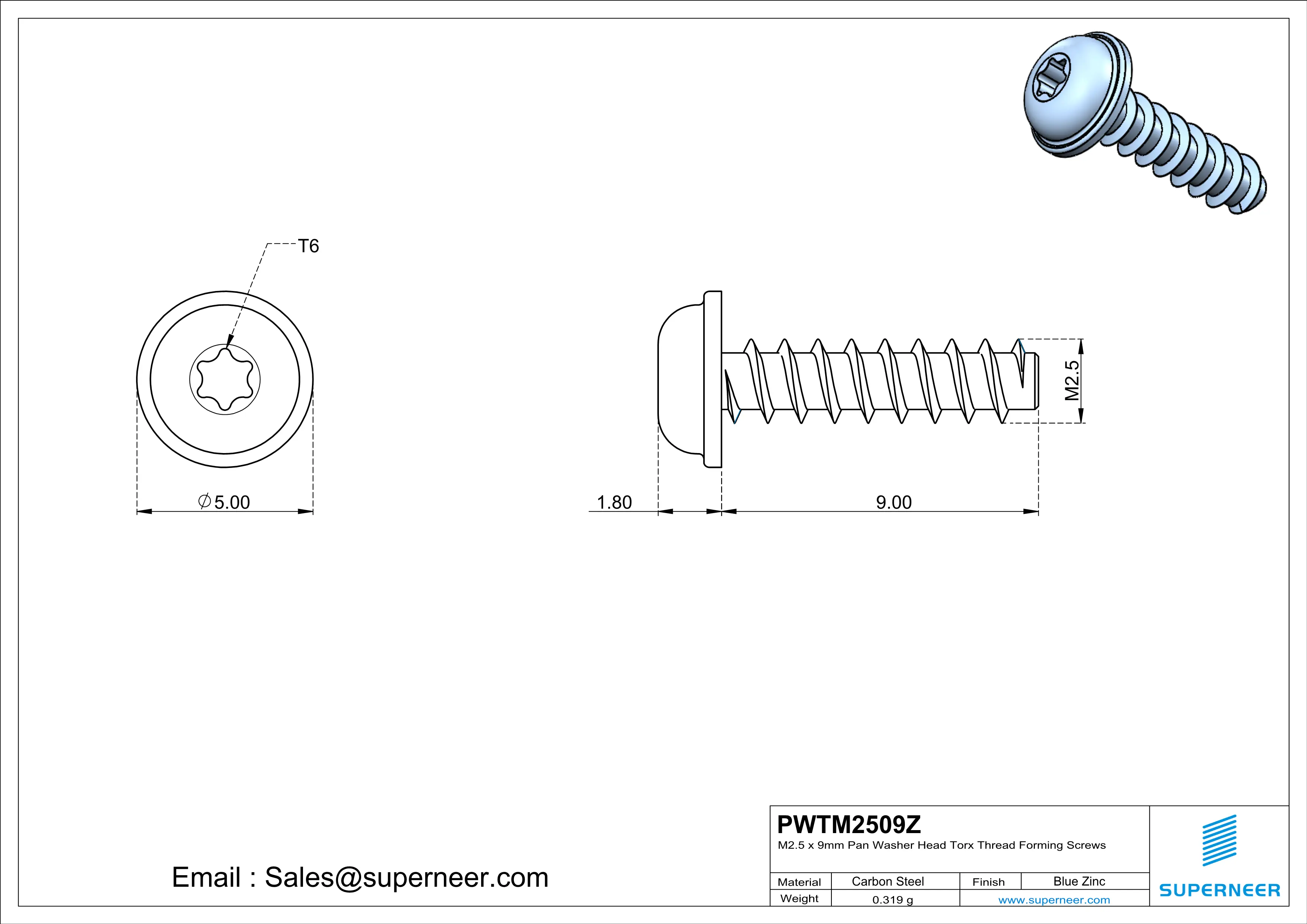 M2.5 &times; 9mm  Pan Washer Head Torx Thread Foming Screws for Plastic   Steel Blue Zinc Plated
