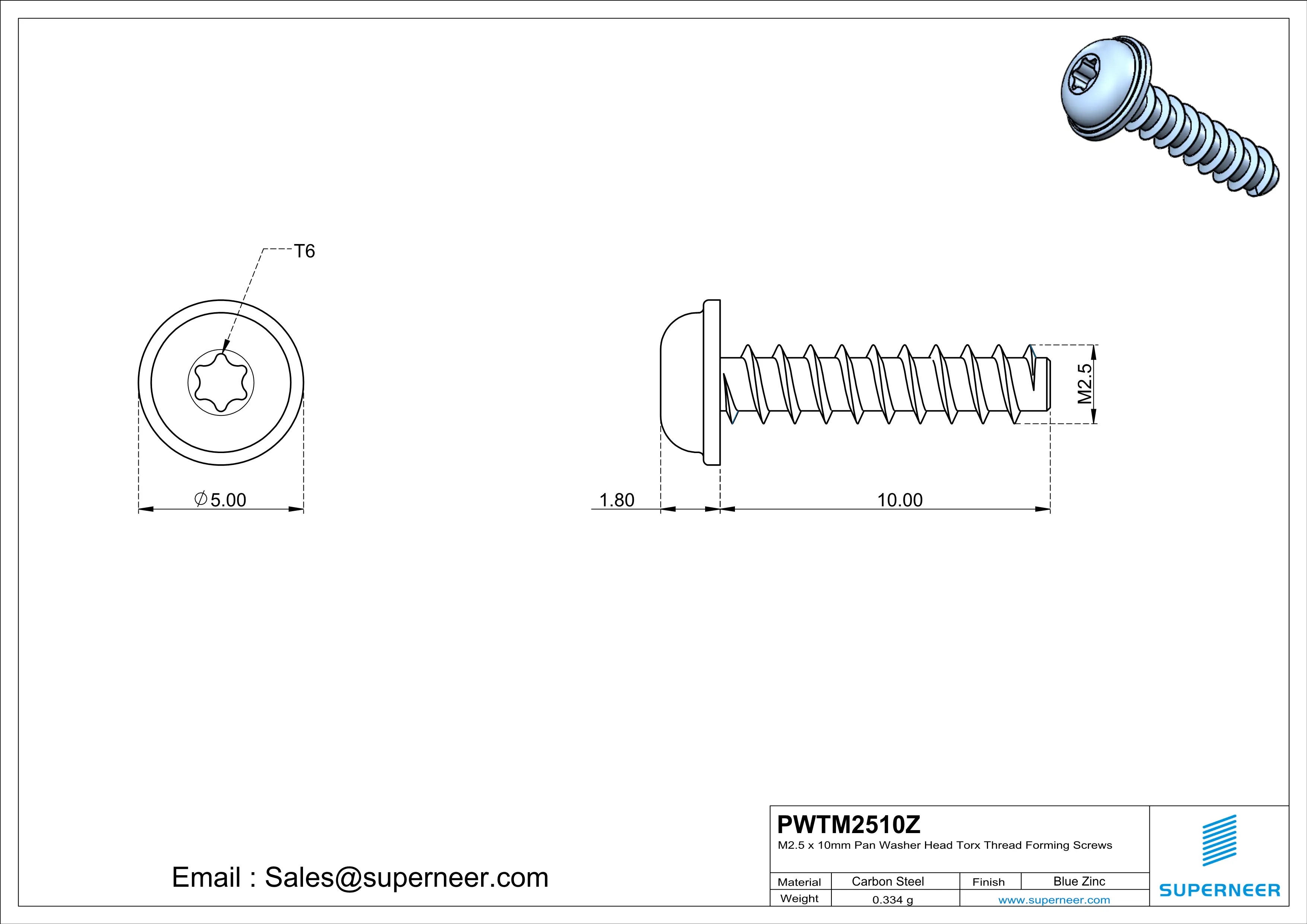 M2.5 &times; 10mm  Pan Washer Head Torx Thread Foming Screws for Plastic   Steel Blue Zinc Plated