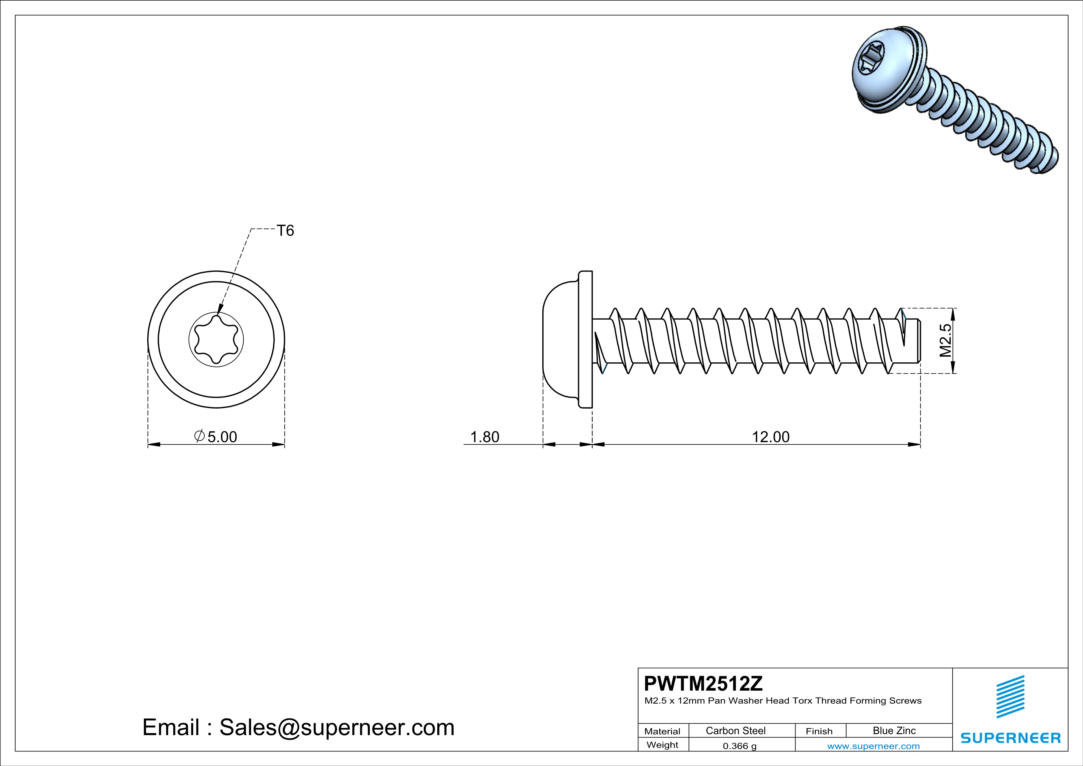 M2.5 &times; 12mm  Pan Washer Head Torx Thread Foming Screws for Plastic   Steel Blue Zinc Plated