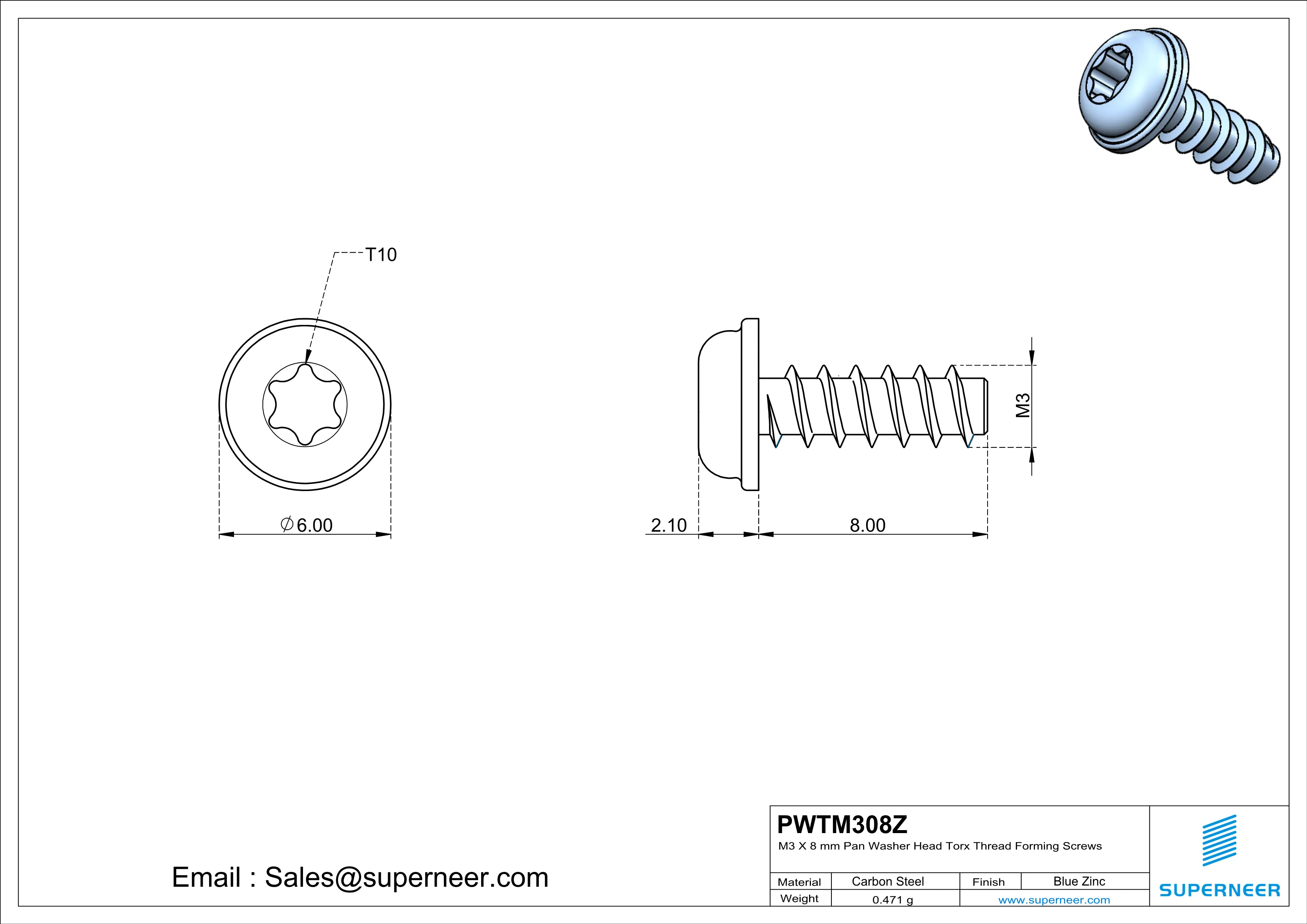 M3 &times; 8mm  Pan Washer Head Torx Thread Foming Screws for Plastic   Steel Blue Zinc Plated