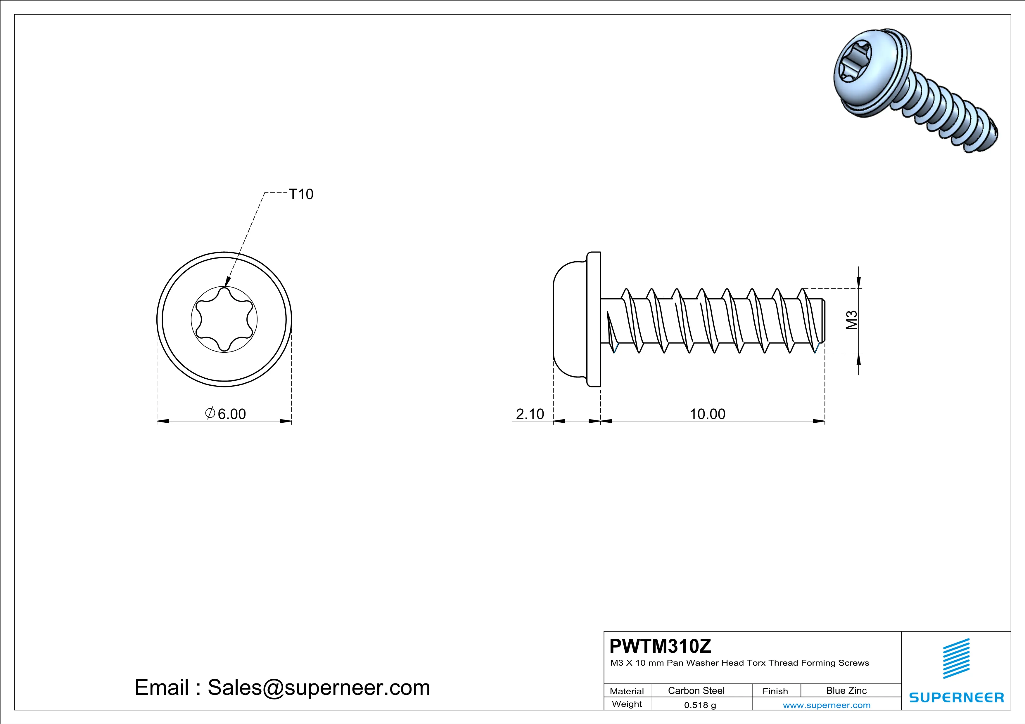 M3 &times; 10mm  Pan Washer Head Torx Thread Foming Screws for Plastic   Steel Blue Zinc Plated