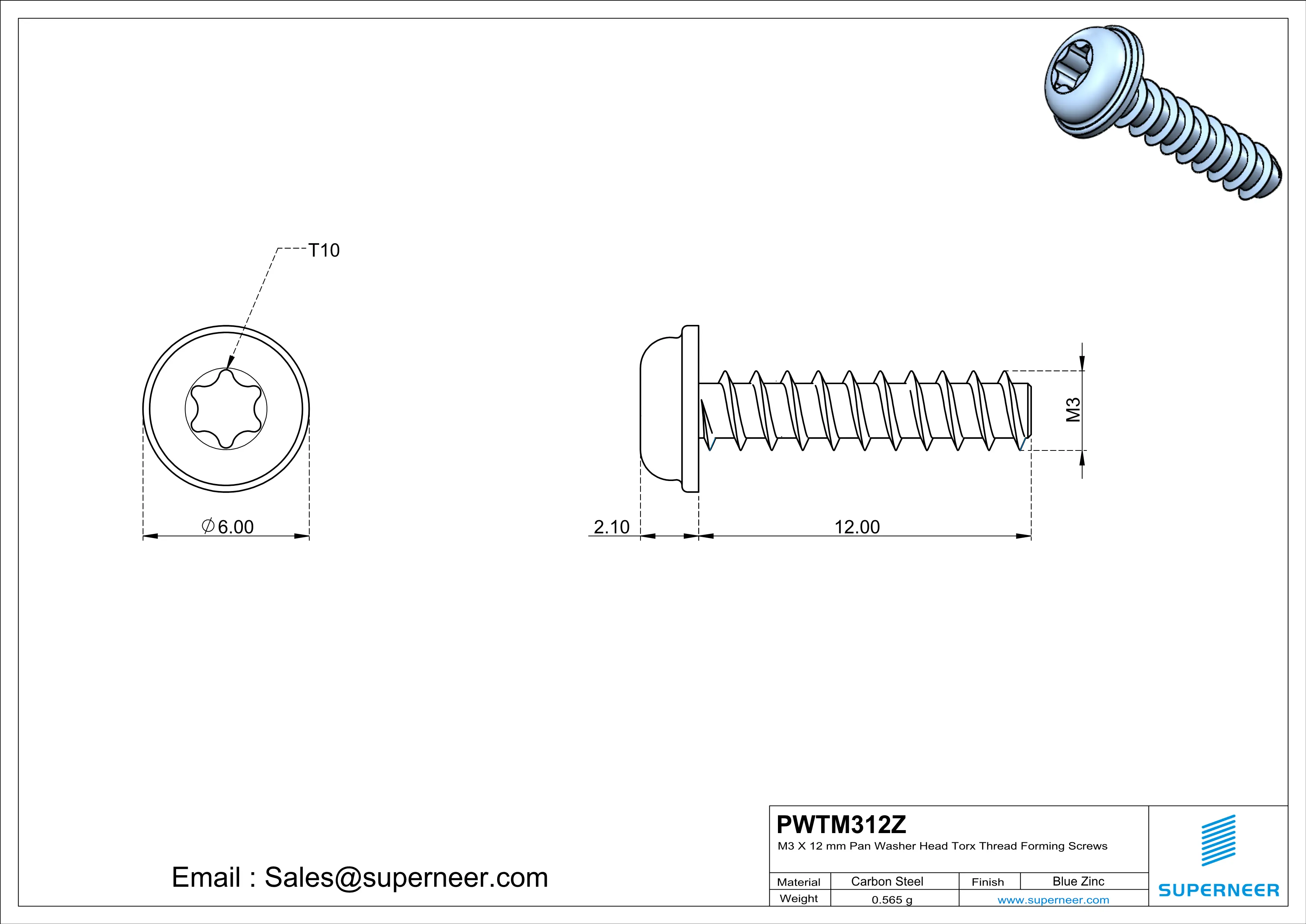 M3 &times; 12mm  Pan Washer Head Torx Thread Foming Screws for Plastic   Steel Blue Zinc Plated