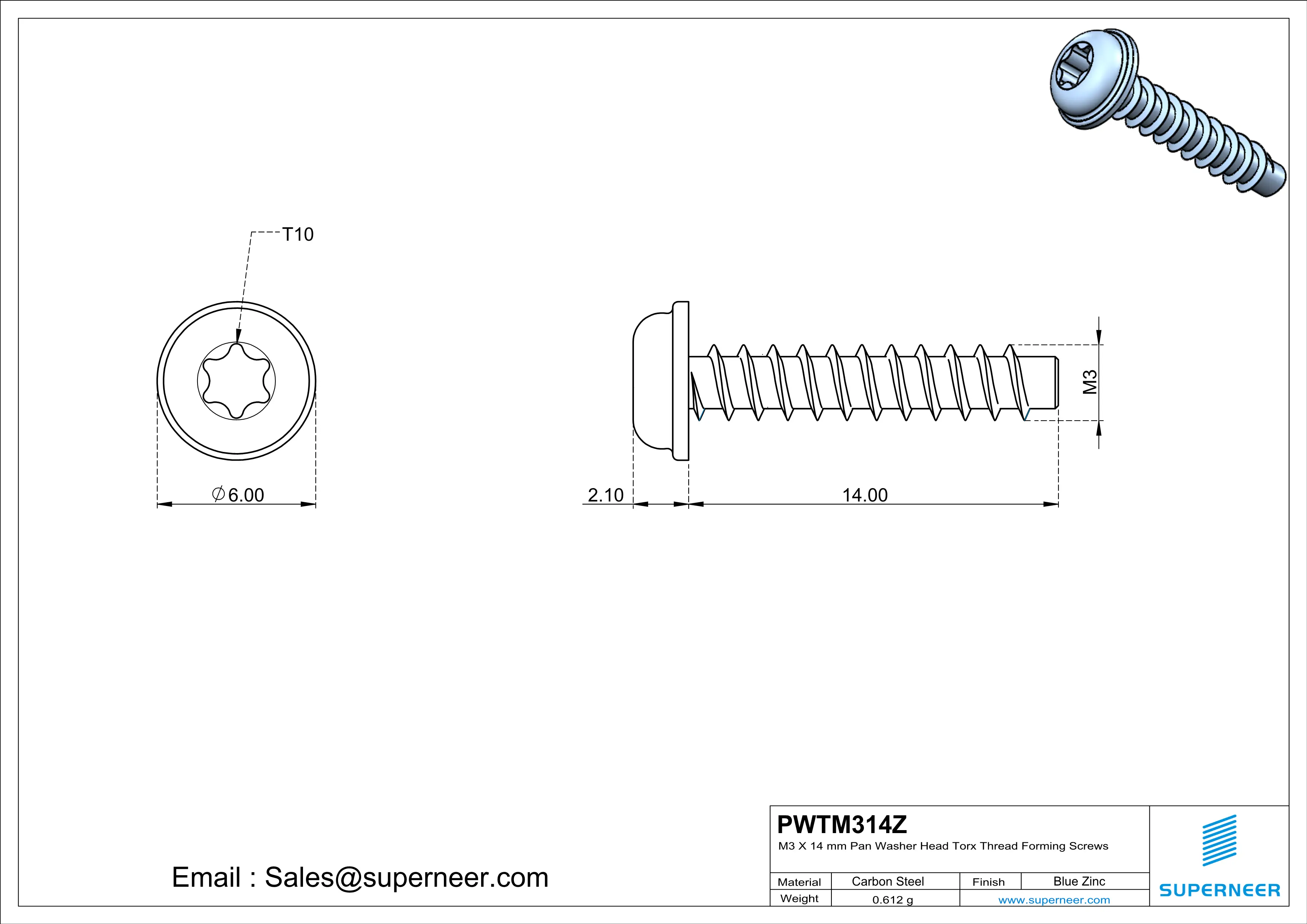 M3 &times; 14mm  Pan Washer Head Torx Thread Foming Screws for Plastic   Steel Blue Zinc Plated