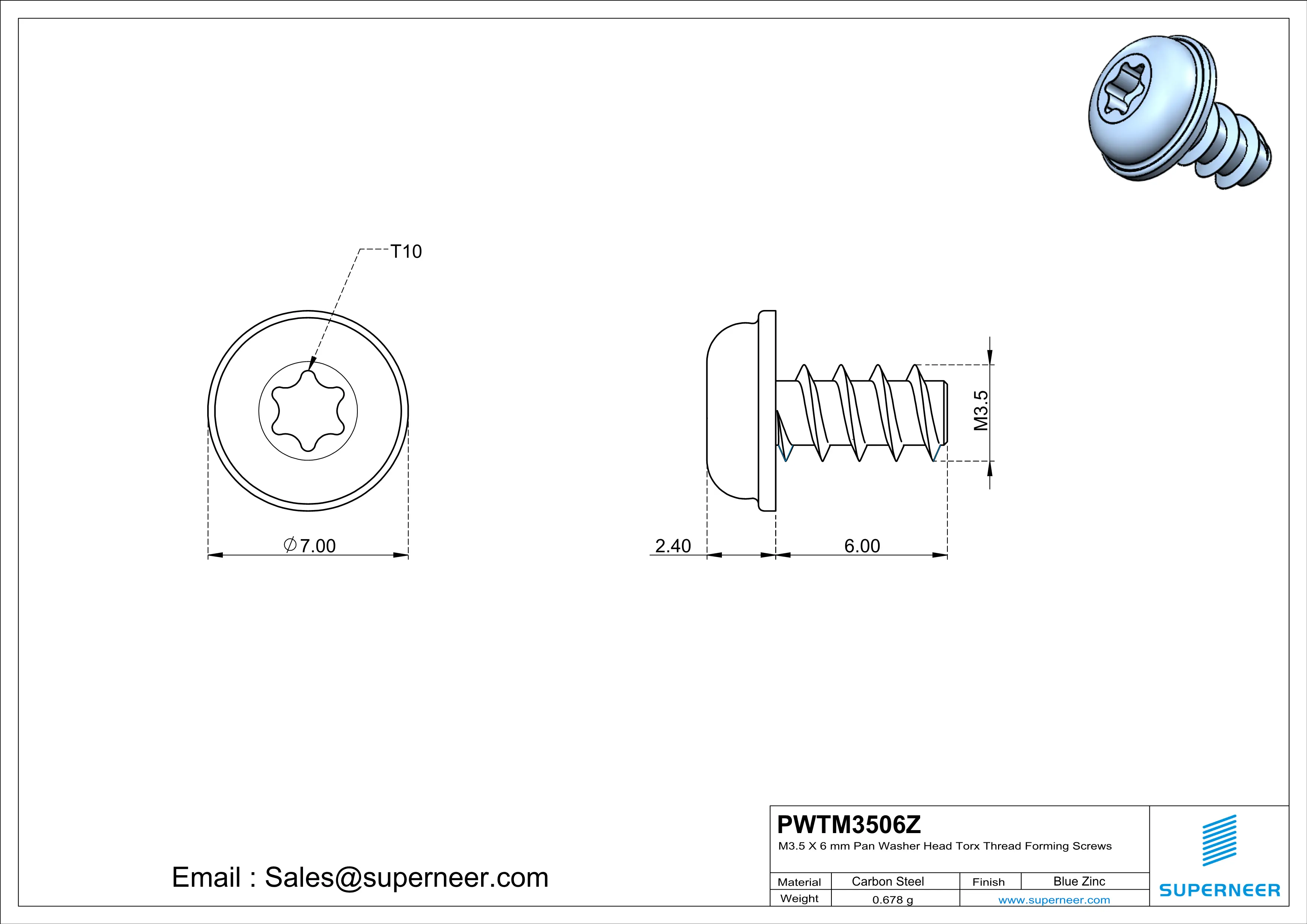 M3.5 &times; 6mm  Pan Washer Head Torx Thread Foming Screws for Plastic   Steel Blue Zinc Plated