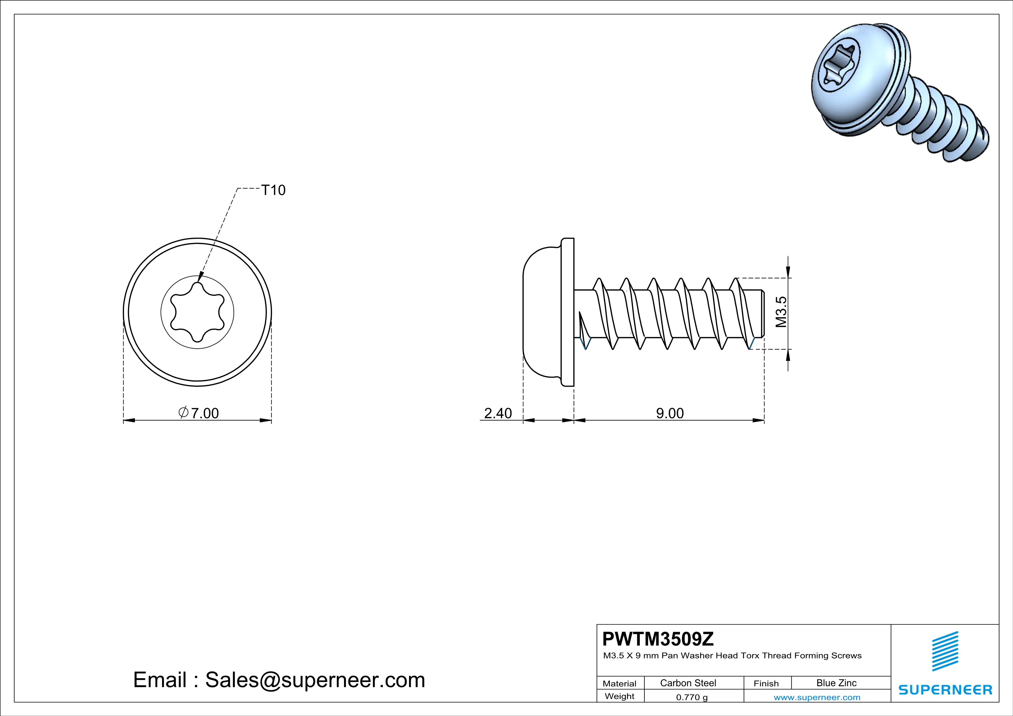 M3.5 &times; 9mm  Pan Washer Head Torx Thread Foming Screws for Plastic   Steel Blue Zinc Plated