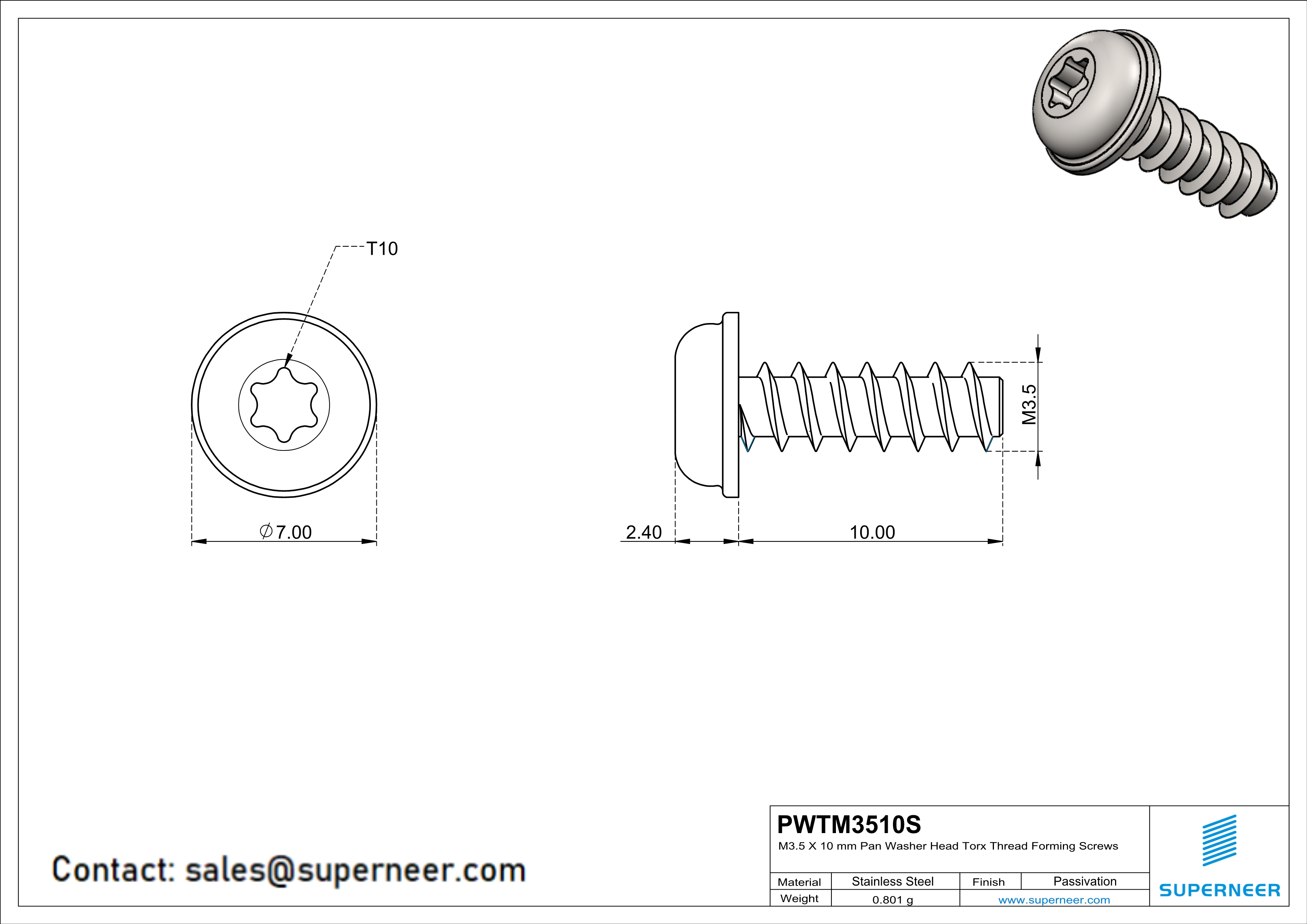 M3.5 &times; 10mm  Pan Washer Head Torx Thread Foming Screws for Plastic SUS304 Stainless Steel Inox