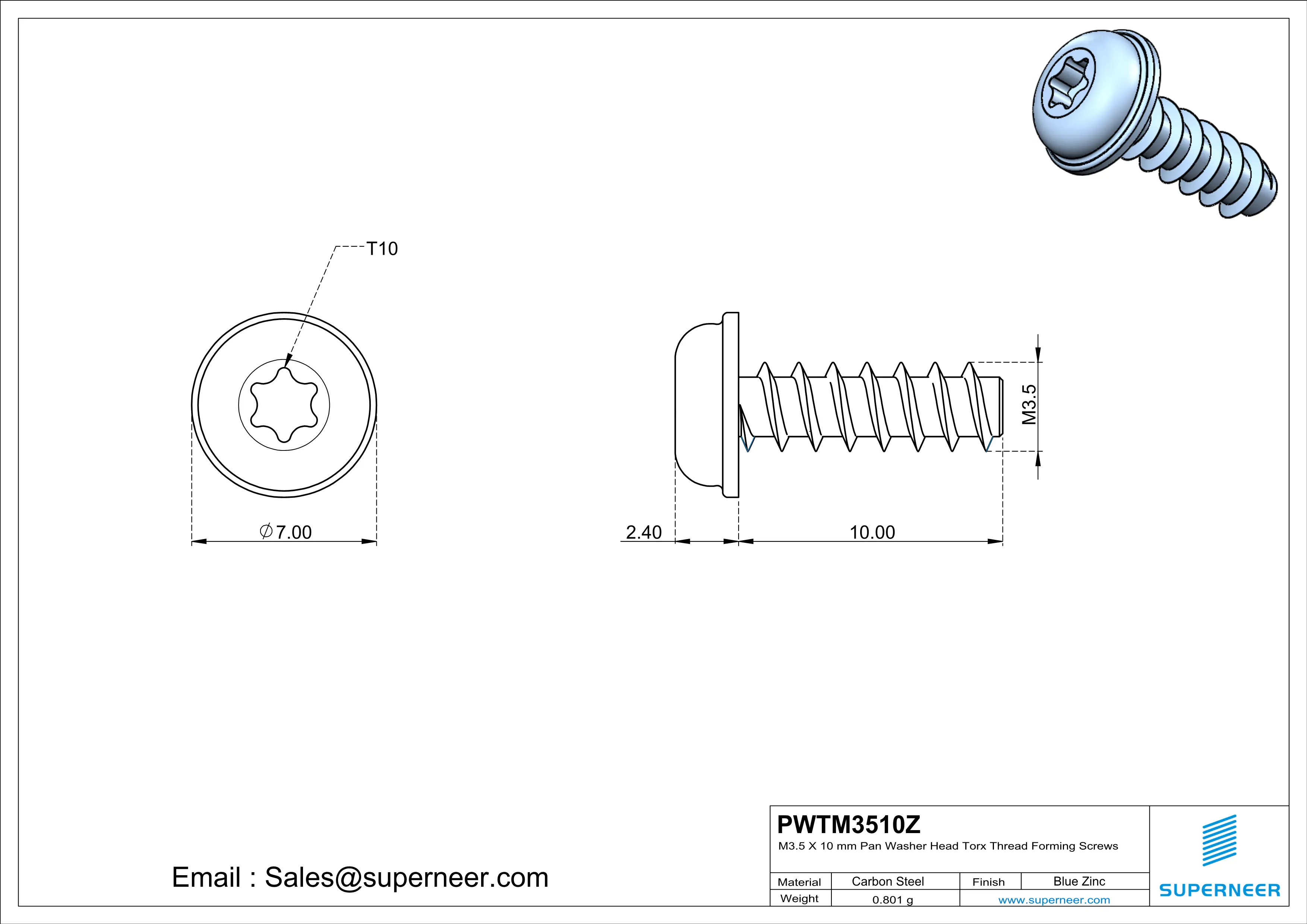 M3.5 &times; 10mm  Pan Washer Head Torx Thread Foming Screws for Plastic   Steel Blue Zinc Plated