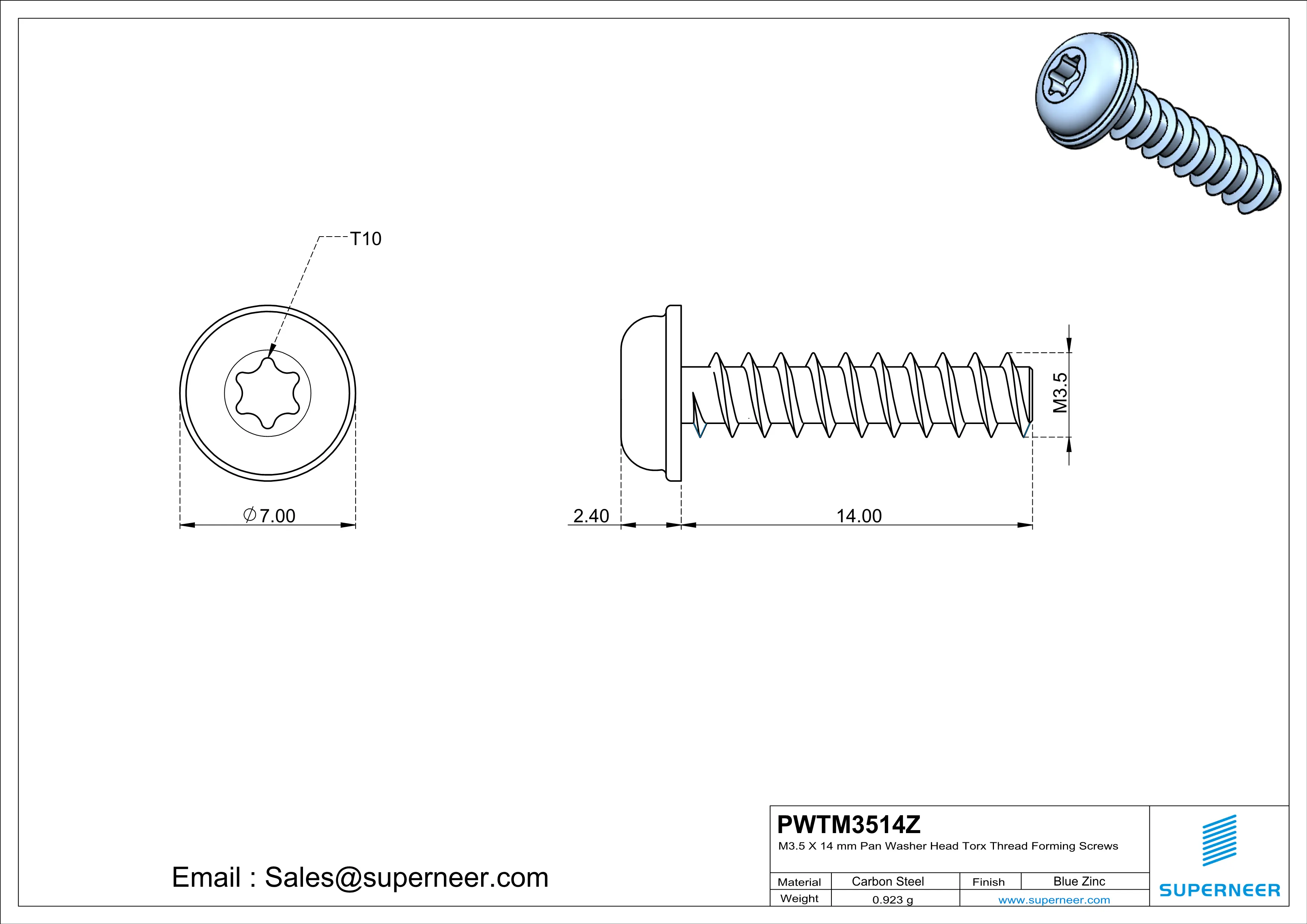 M3.5 &times; 14mm  Pan Washer Head Torx Thread Foming Screws for Plastic   Steel Blue Zinc Plated