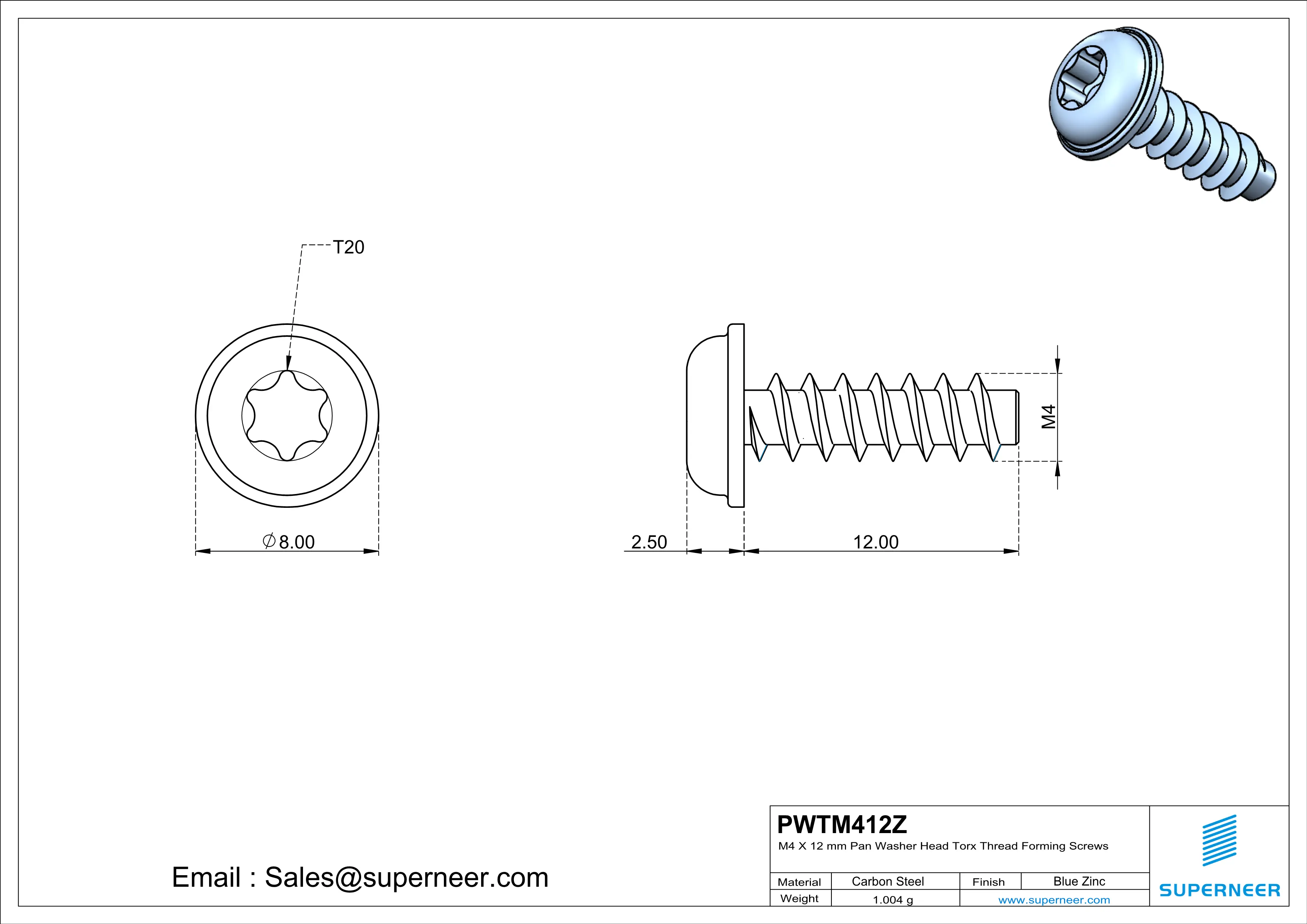 M4 &times; 12mm  Pan Washer Head Torx Thread Foming Screws for Plastic   Steel Blue Zinc Plated