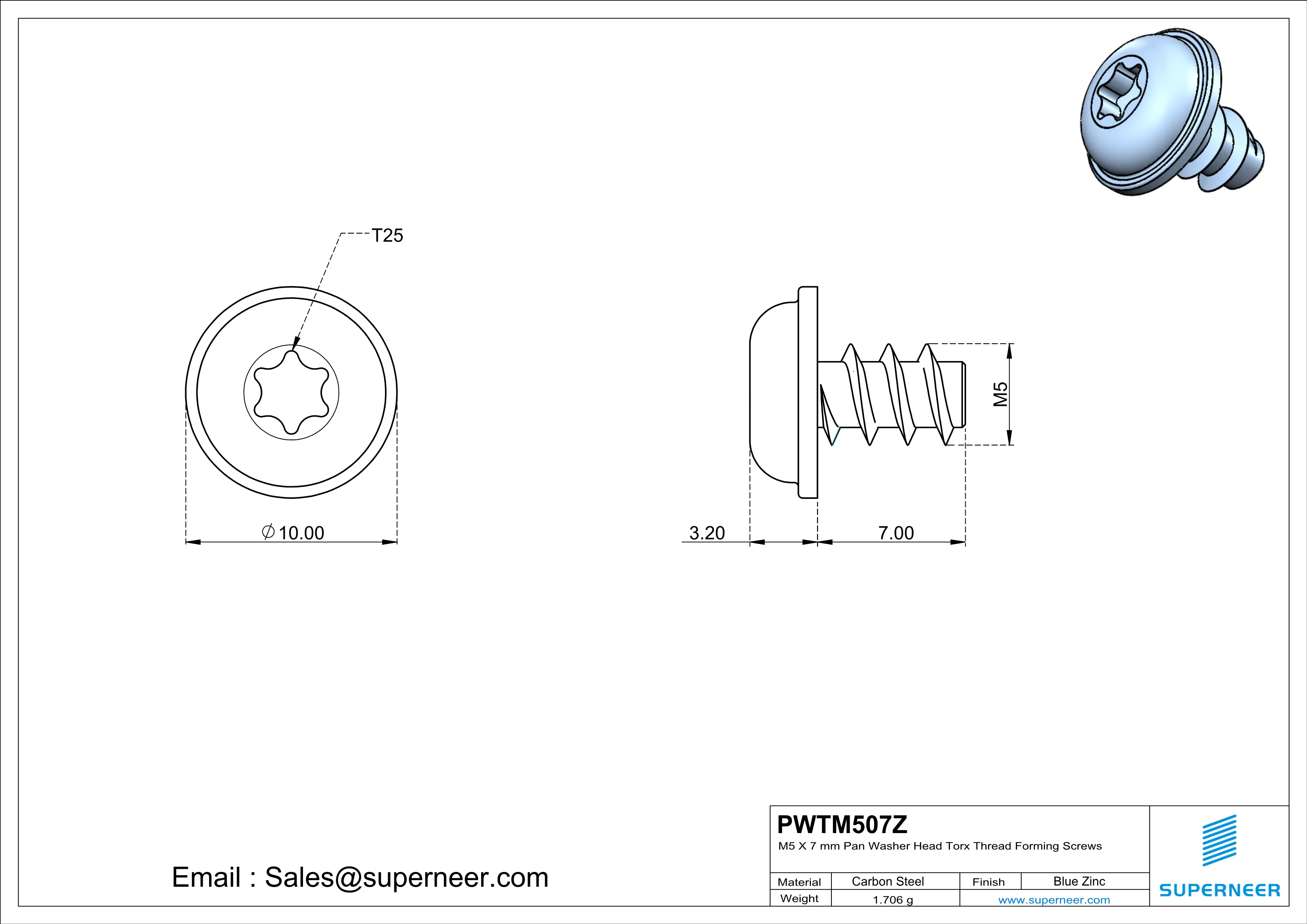M5 &times; 7mm  Pan Washer Head Torx Thread Foming Screws for Plastic   Steel Blue Zinc Plated
