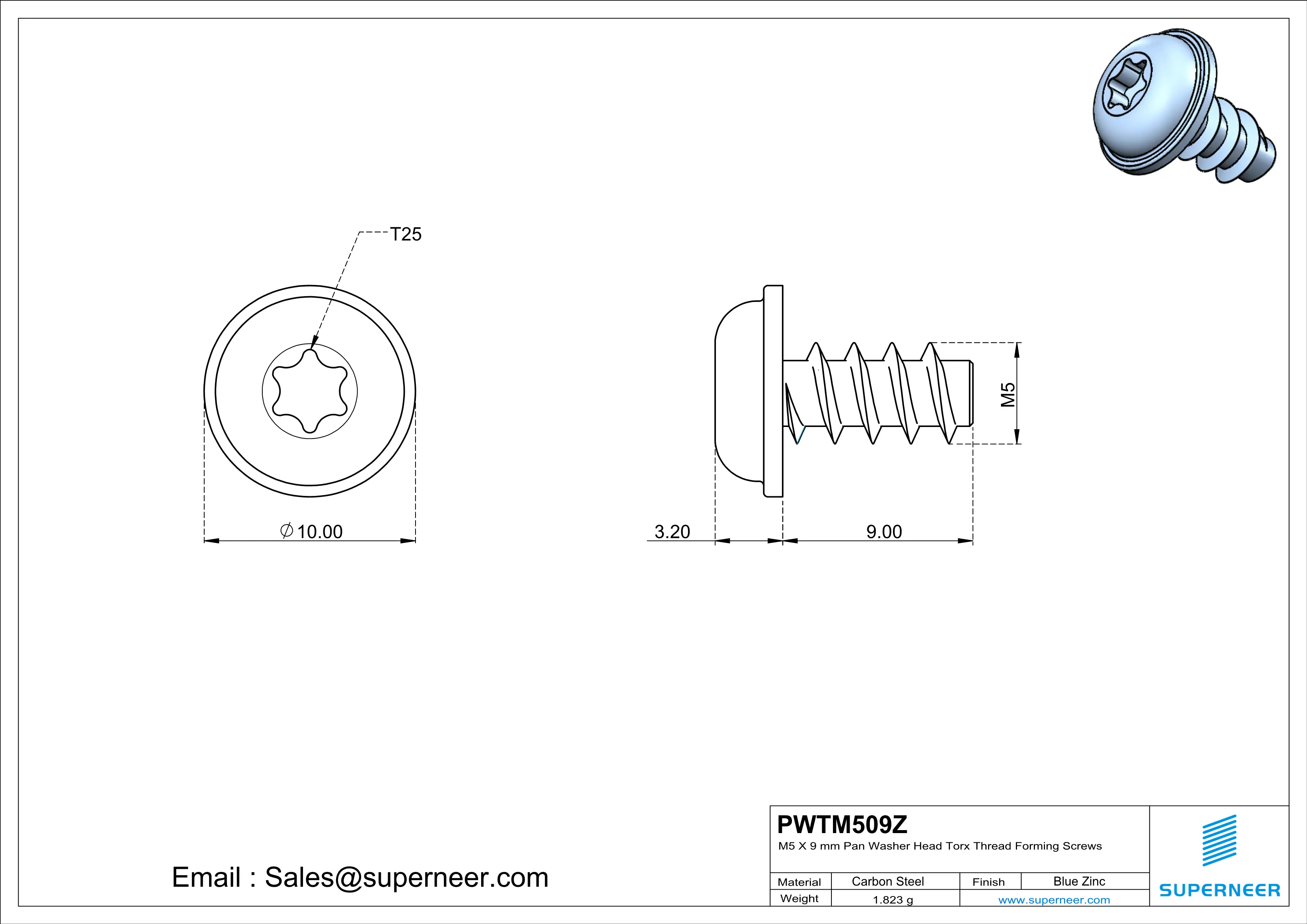 M5 &times; 9mm  Pan Washer Head Torx Thread Foming Screws for Plastic   Steel Blue Zinc Plated