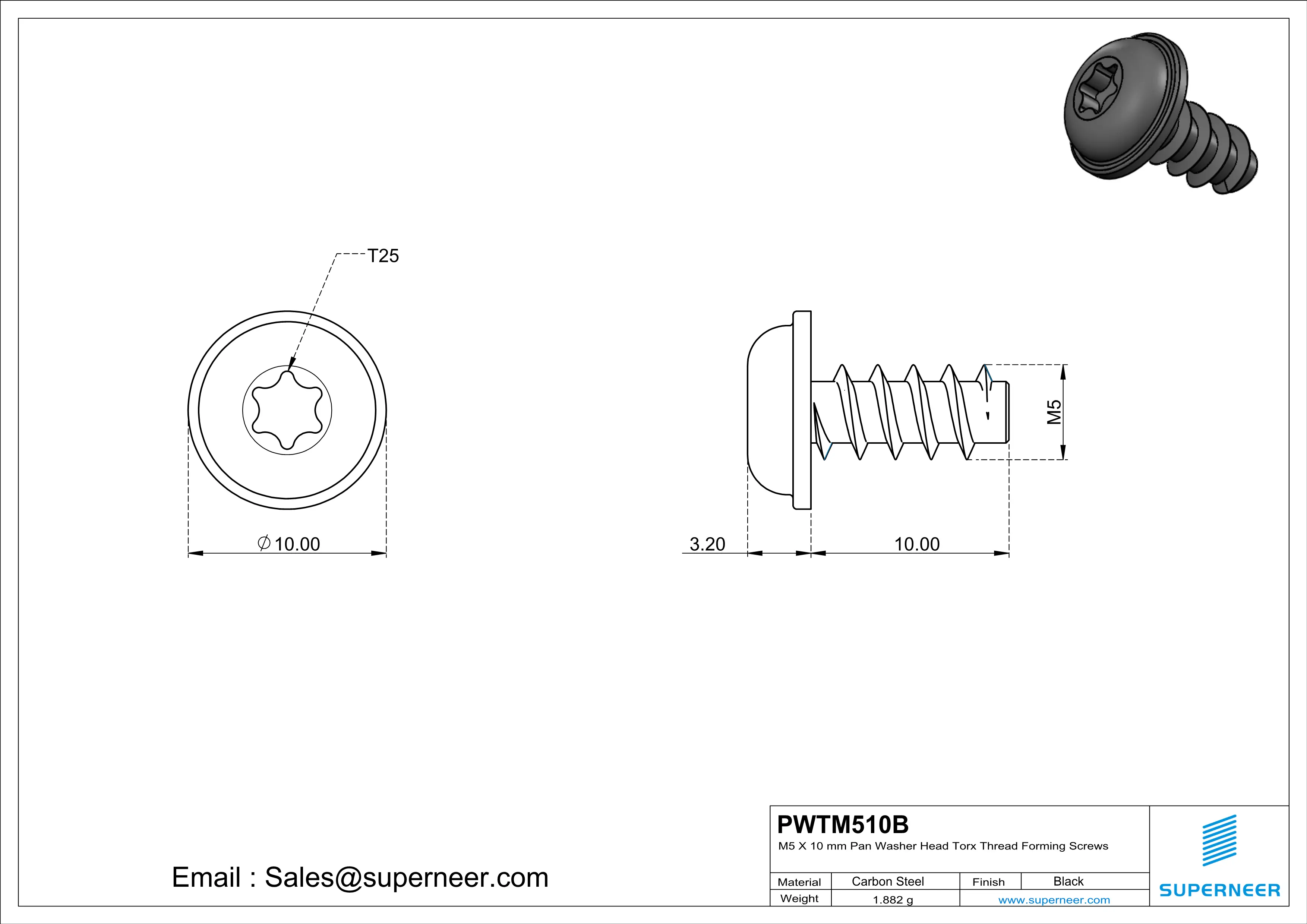 M5 &times; 10mm  Pan Washer Head Torx Thread Foming Screws for Plastic   Steel Black