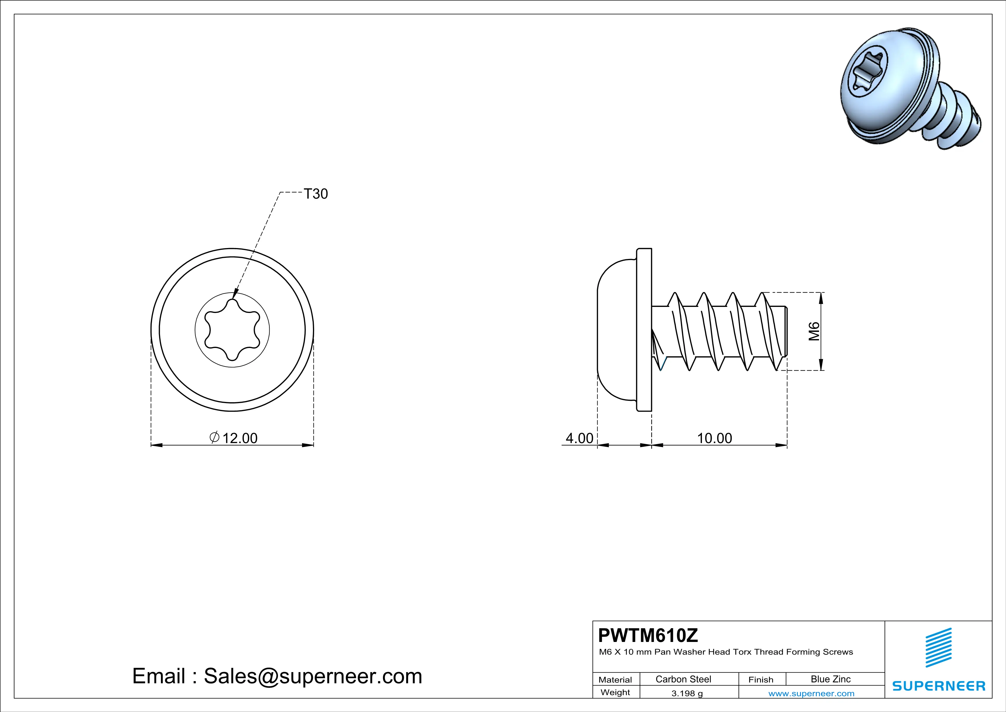 M6 &times; 10mm  Pan Washer Head Torx Thread Foming Screws for Plastic   Steel Blue Zinc Plated