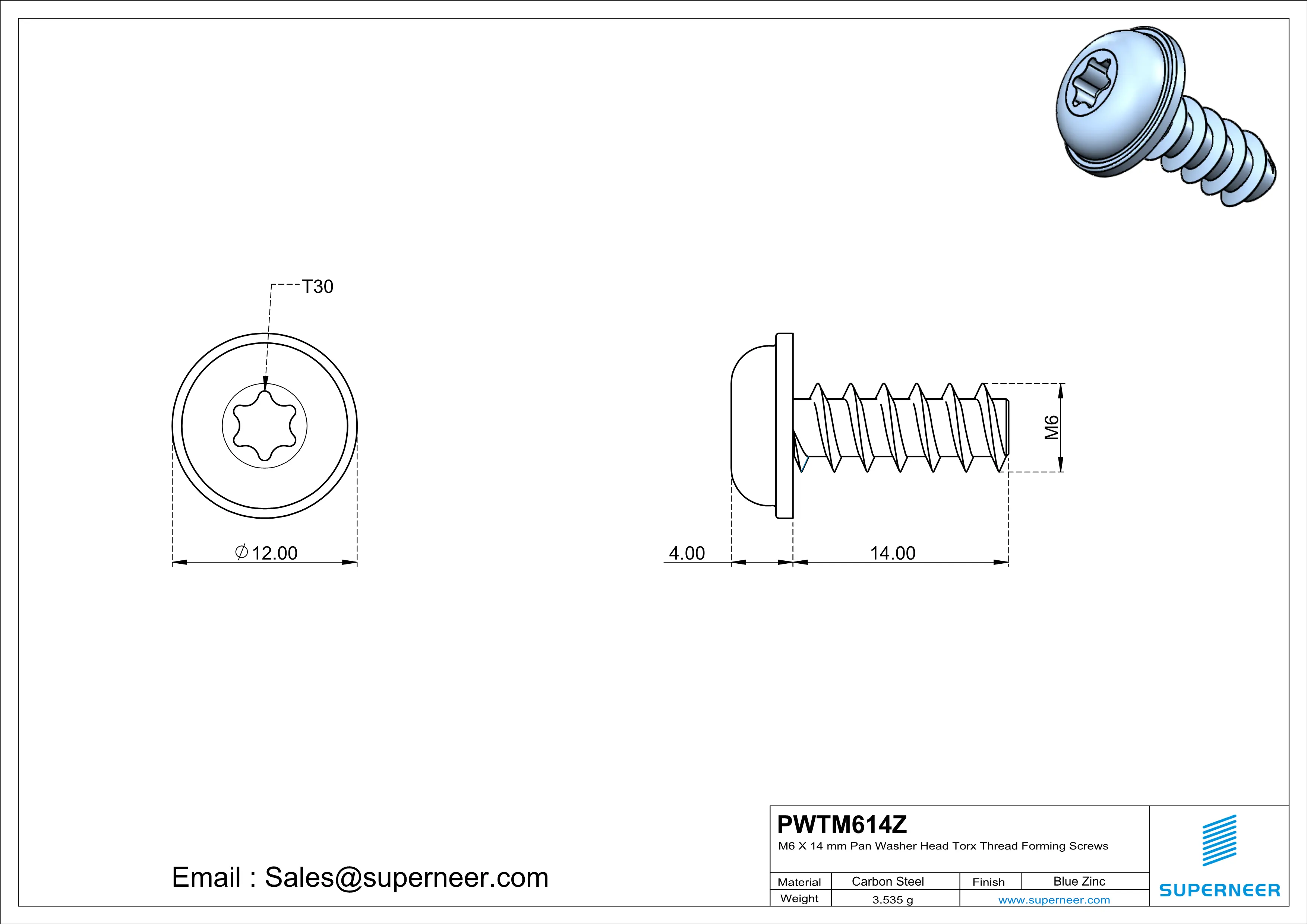 M6 &times; 14mm  Pan Washer Head Torx Thread Foming Screws for Plastic   Steel Blue Zinc Plated