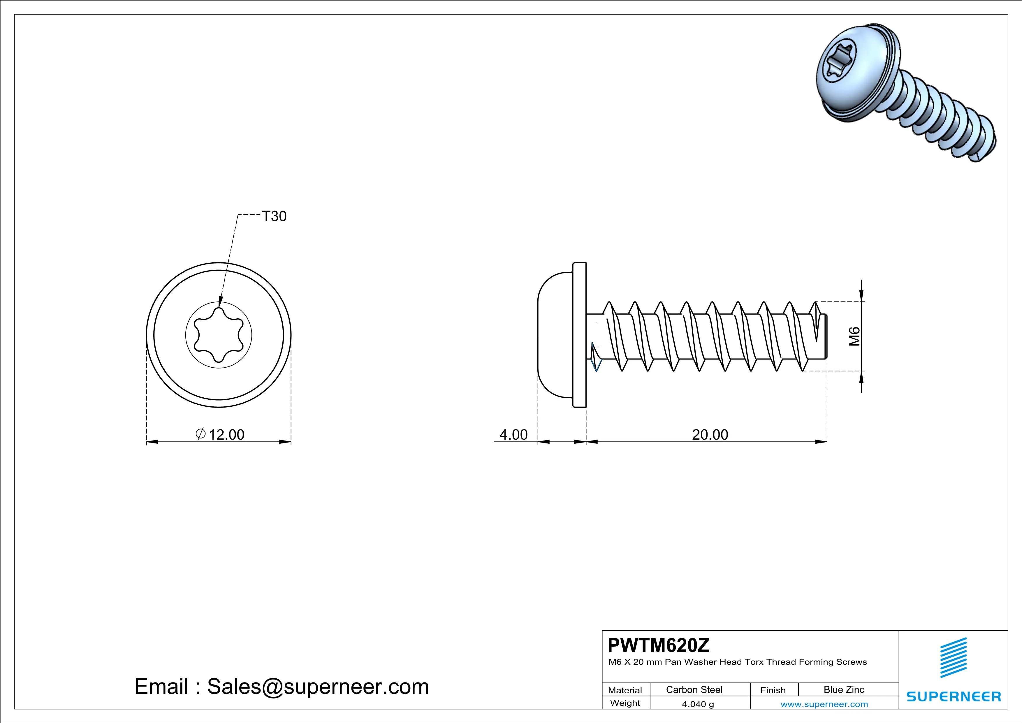 M6 &times; 20mm  Pan Washer Head Torx Thread Foming Screws for Plastic   Steel Blue Zinc Plated