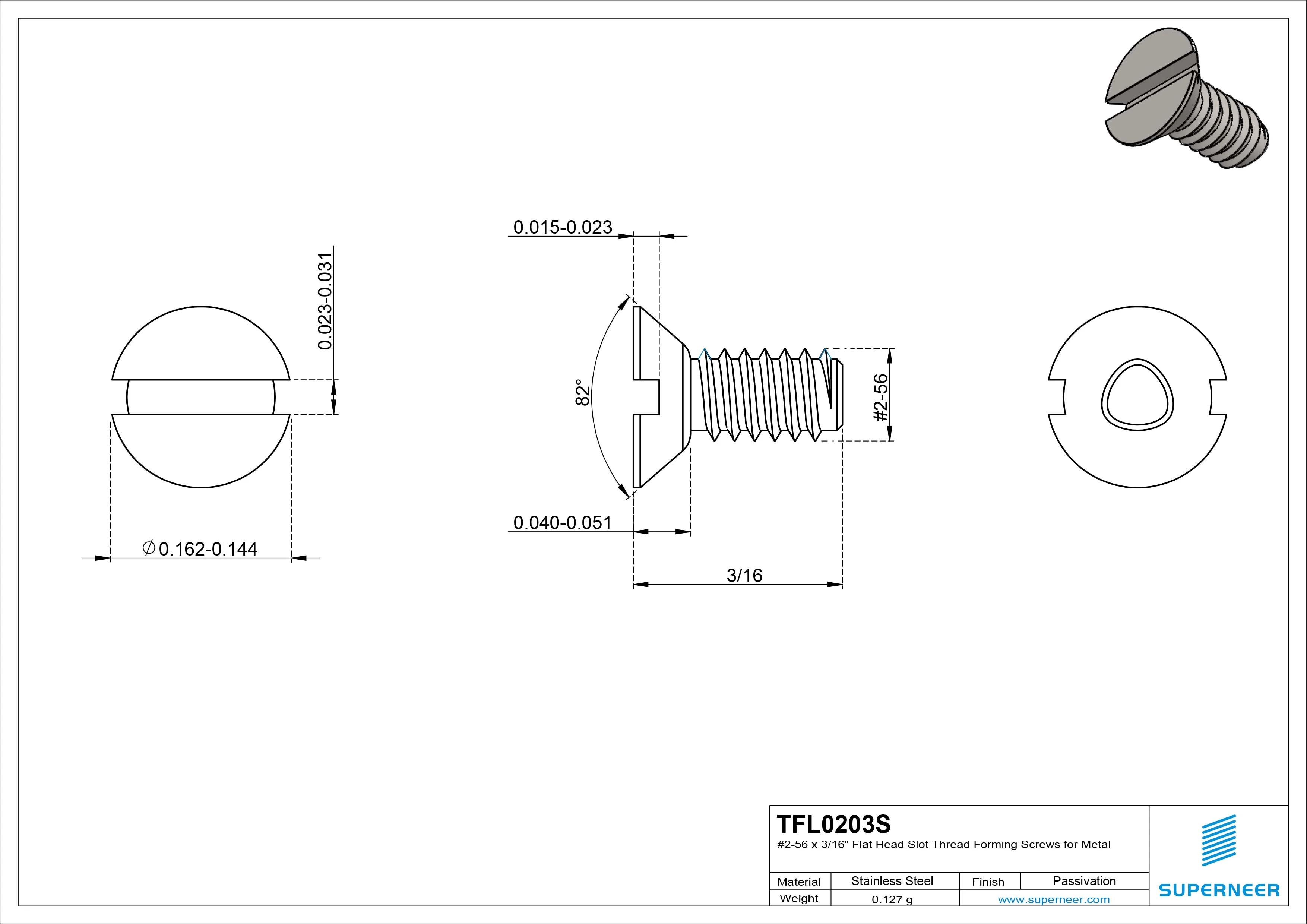 2-56 &times; 3/16 Flat Head Slot Thread Forming  Screws for Metal  SUS304 Stainless Steel Inox