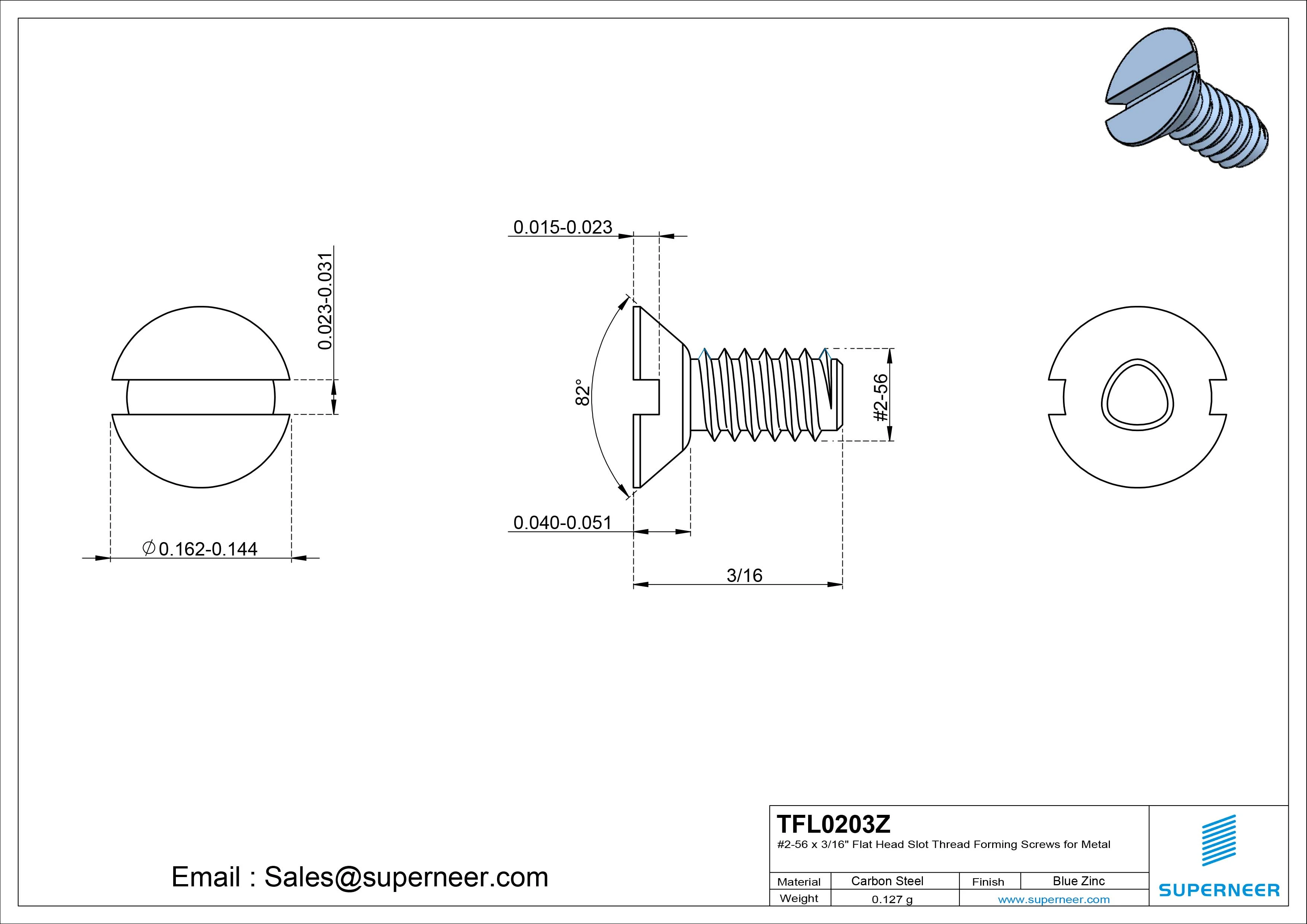 2-56 &times; 3/16 Flat Head Slot Thread Forming  Screws for Metal  Steel Blue Zinc Plated