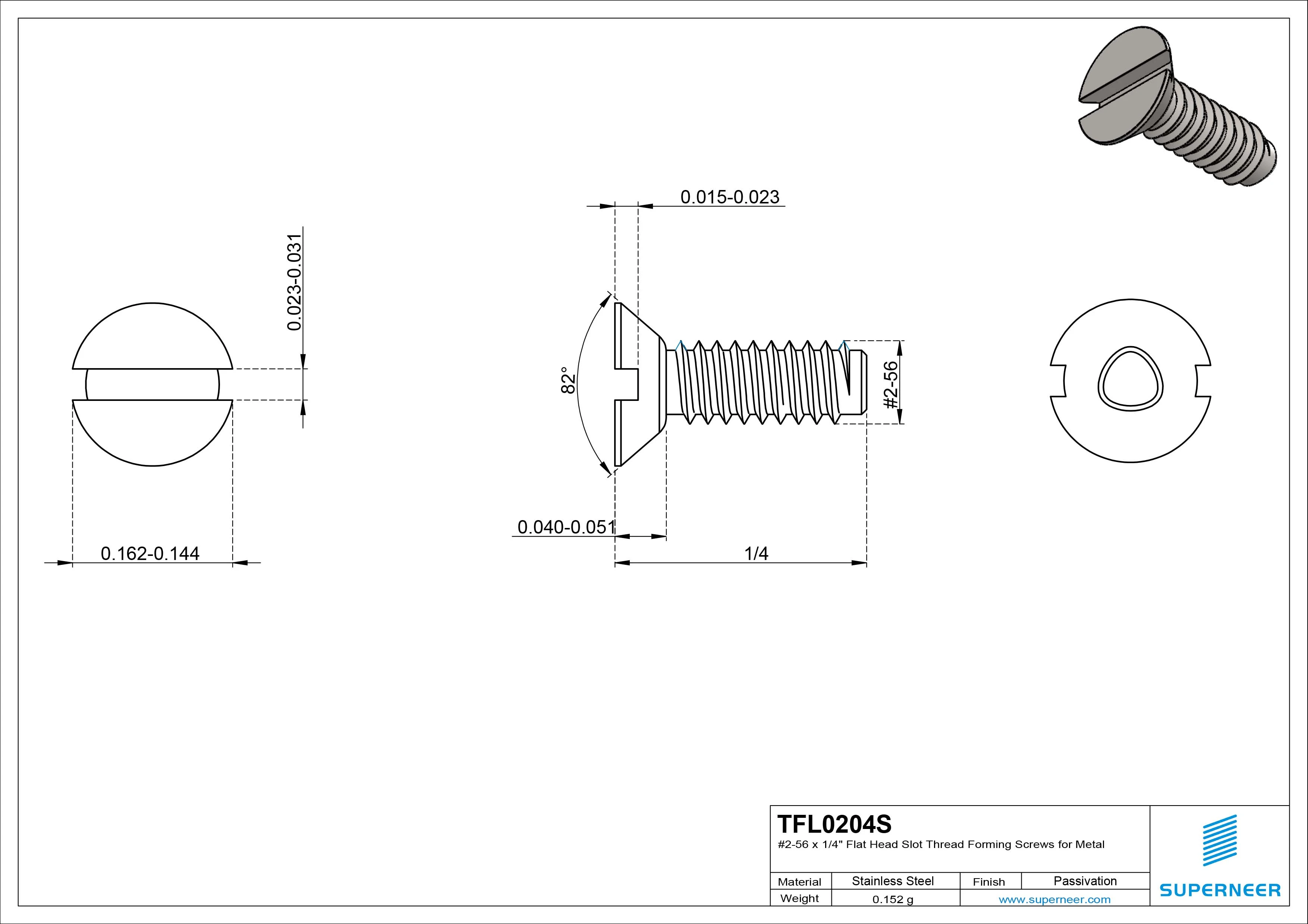 2-56 &times; 1/4 Flat Head Slot Thread Forming  Screws for Metal  SUS304 Stainless Steel Inox