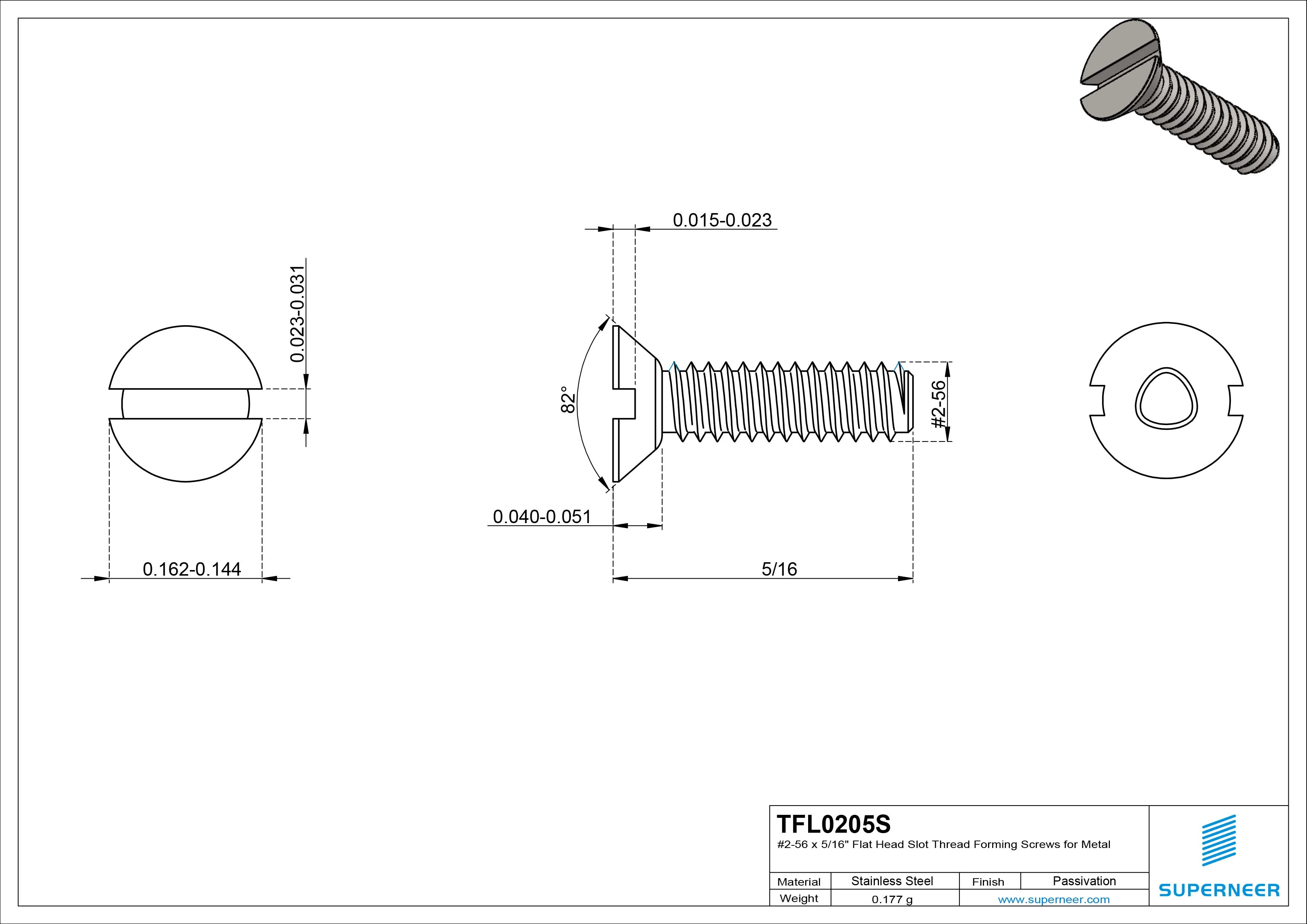 2-56 &times; 5/16 Flat Head Slot Thread Forming  Screws for Metal  SUS304 Stainless Steel Inox