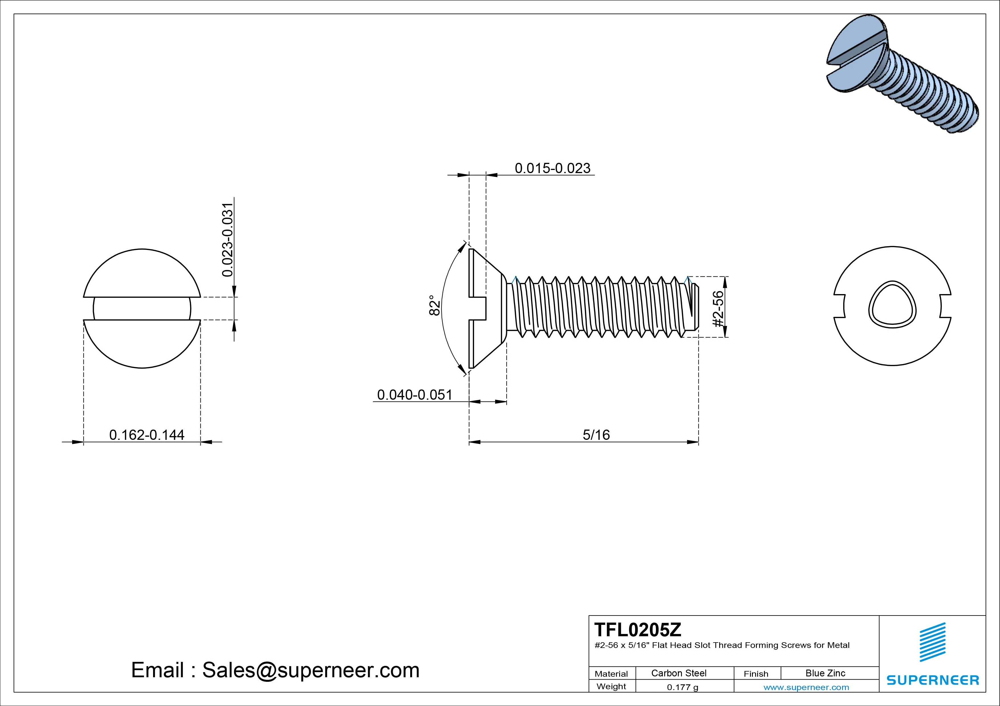 2-56 &times; 5/16 Flat Head Slot Thread Forming  Screws for Metal  Steel Blue Zinc Plated