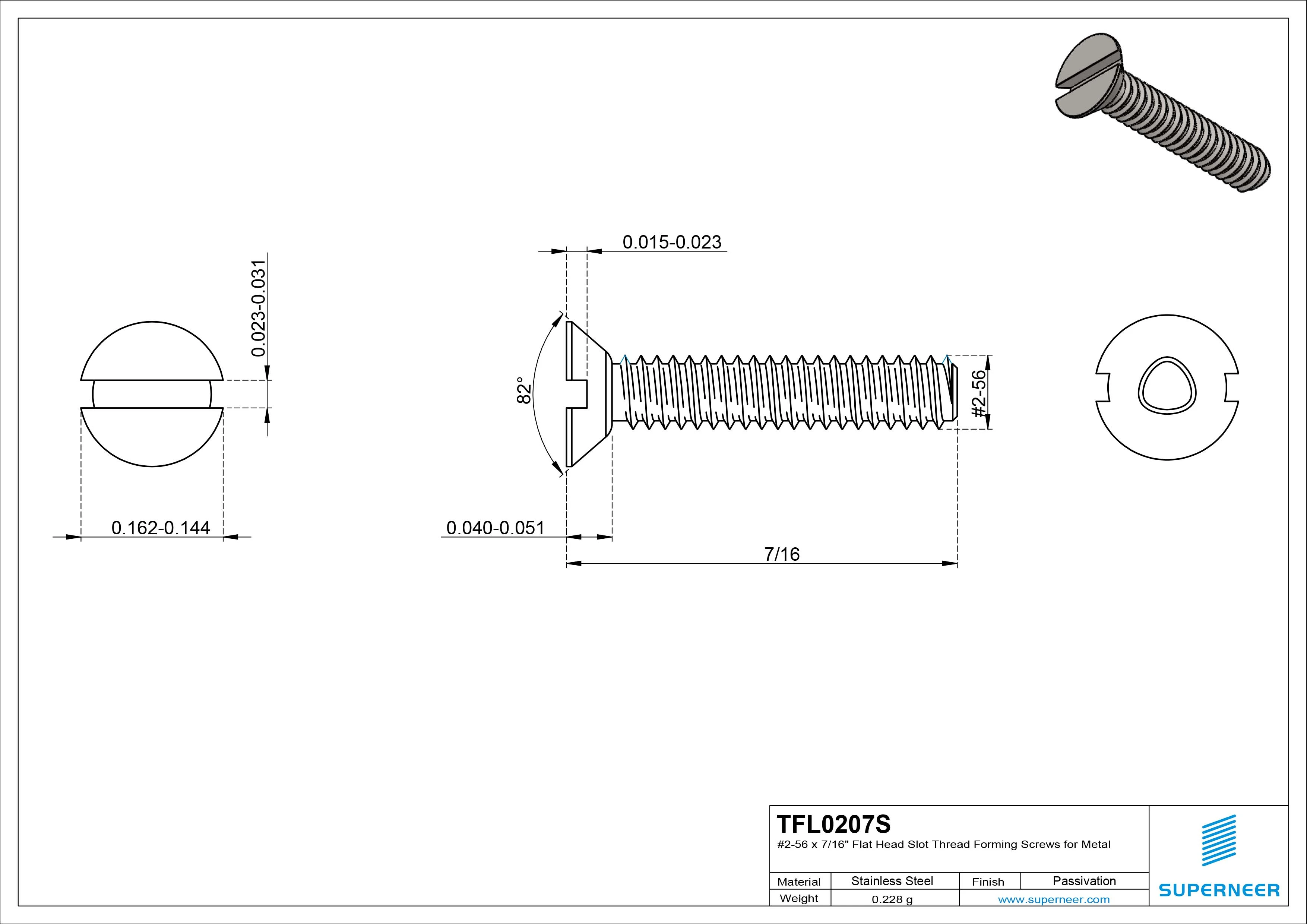 2-56 &times; 7/16 Flat Head Slot Thread Forming  Screws for Metal  SUS304 Stainless Steel Inox