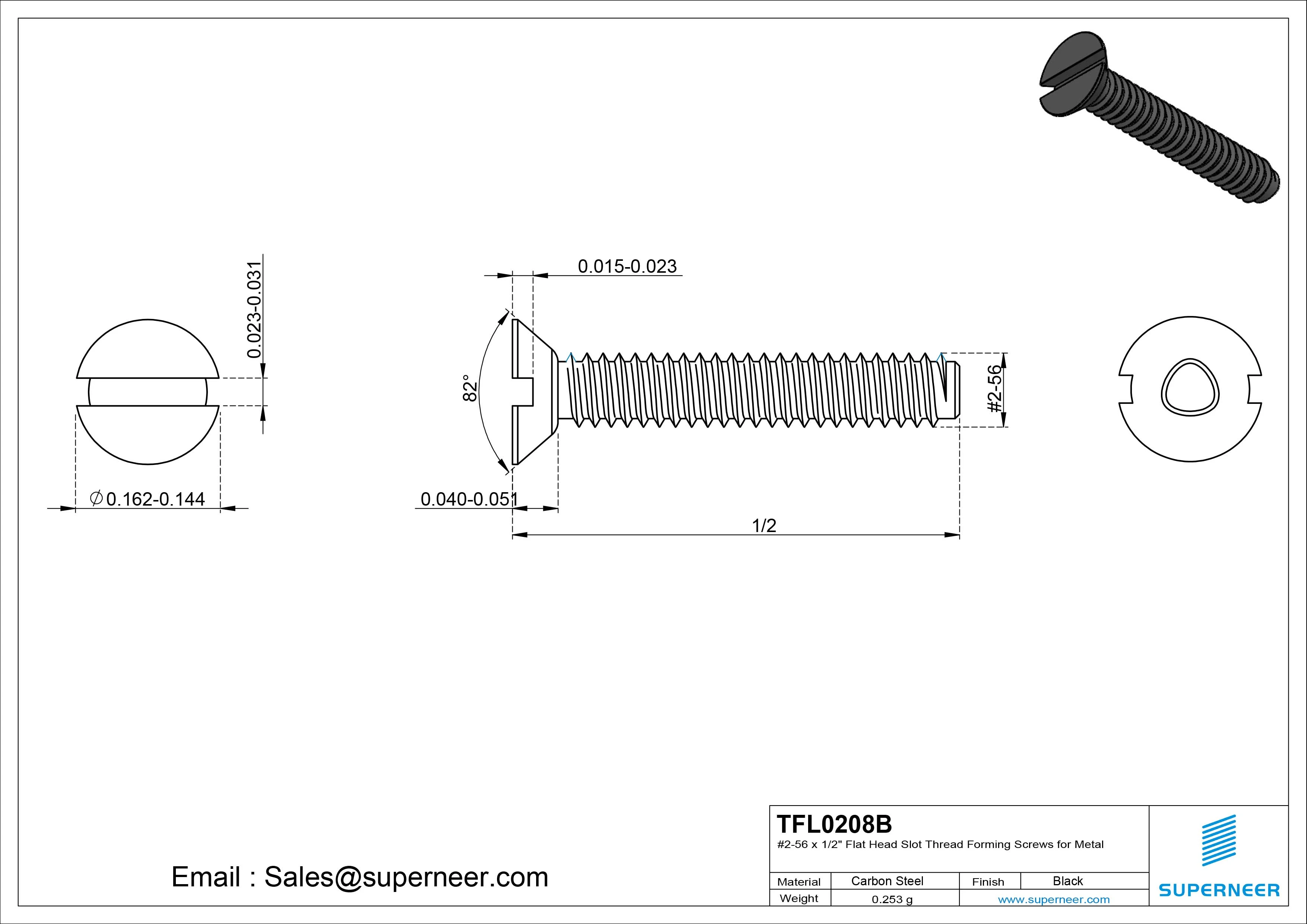 2-56 &times; 1/2 Flat Head Slot Thread Forming  Screws for Metal  Steel Black
