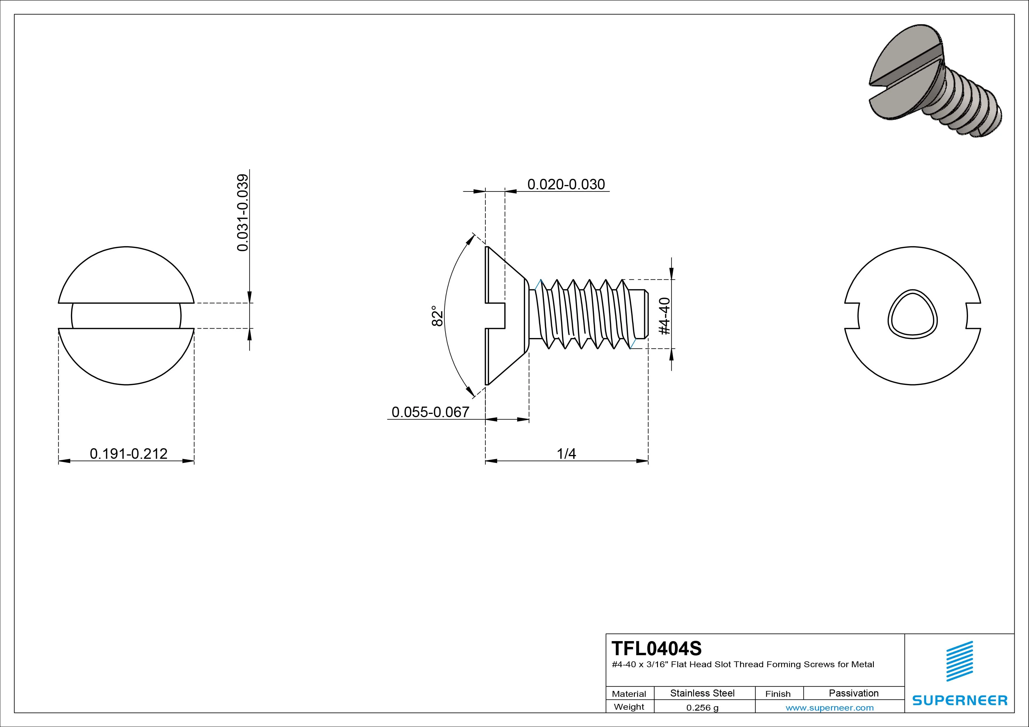 4-40 &times; 1/4 Flat Head Slot Thread Forming  Screws for Metal  SUS304 Stainless Steel Inox