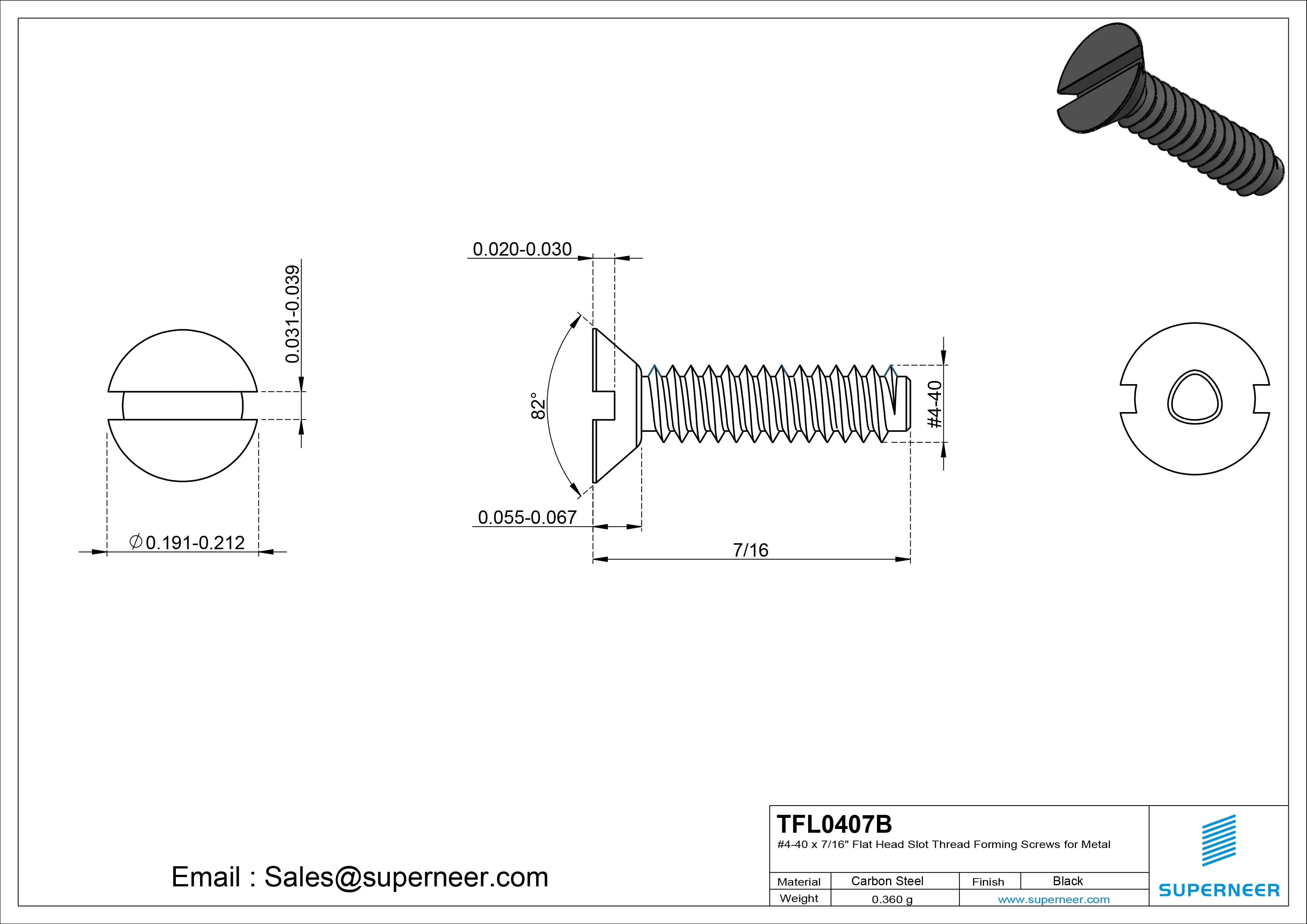 4-40 &times; 7/16 Flat Head Slot Thread Forming  Screws for Metal  Steel Black