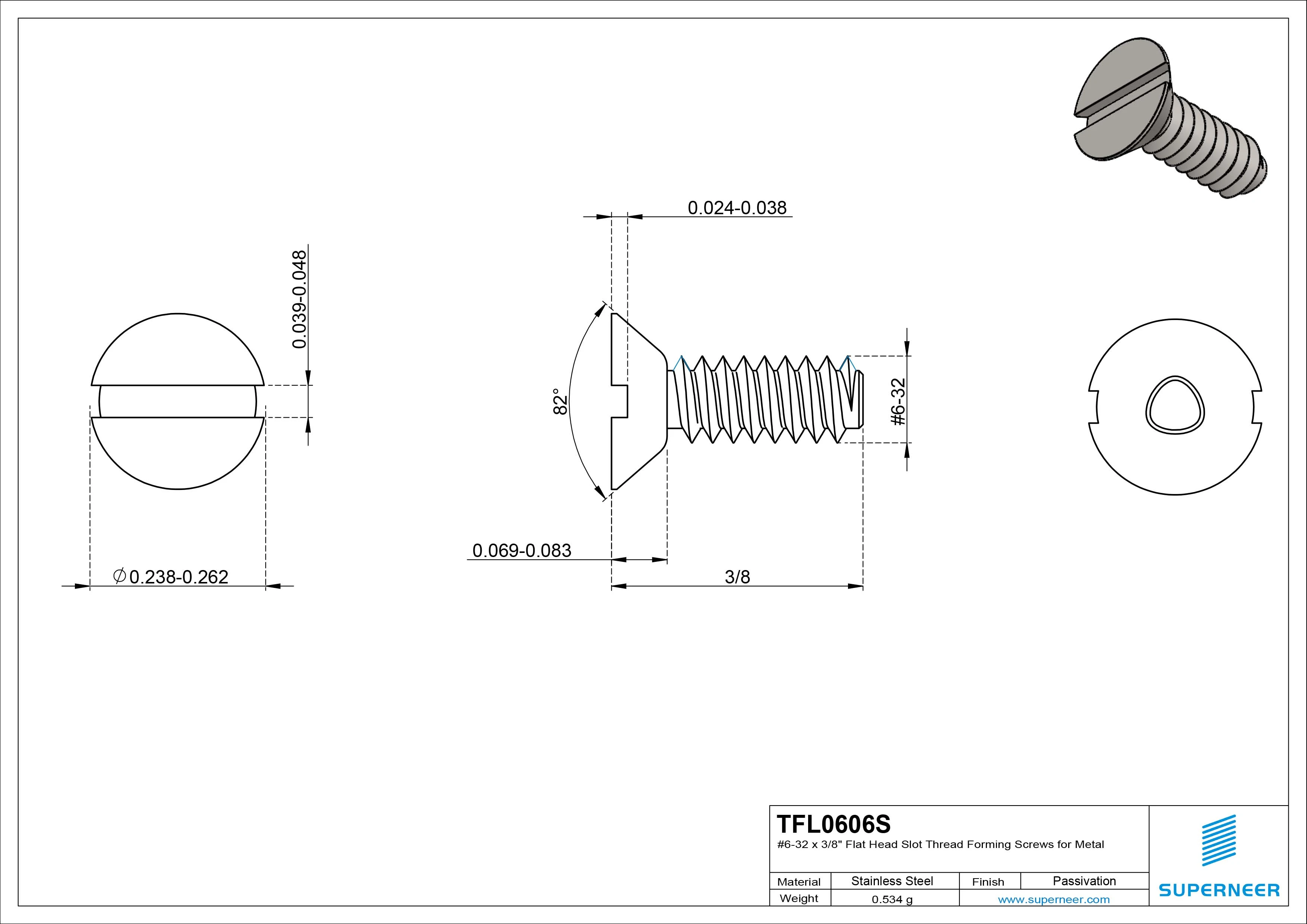 6-32 &times; 3/8 Flat Head Slot Thread Forming  Screws for Metal  SUS304 Stainless Steel Inox