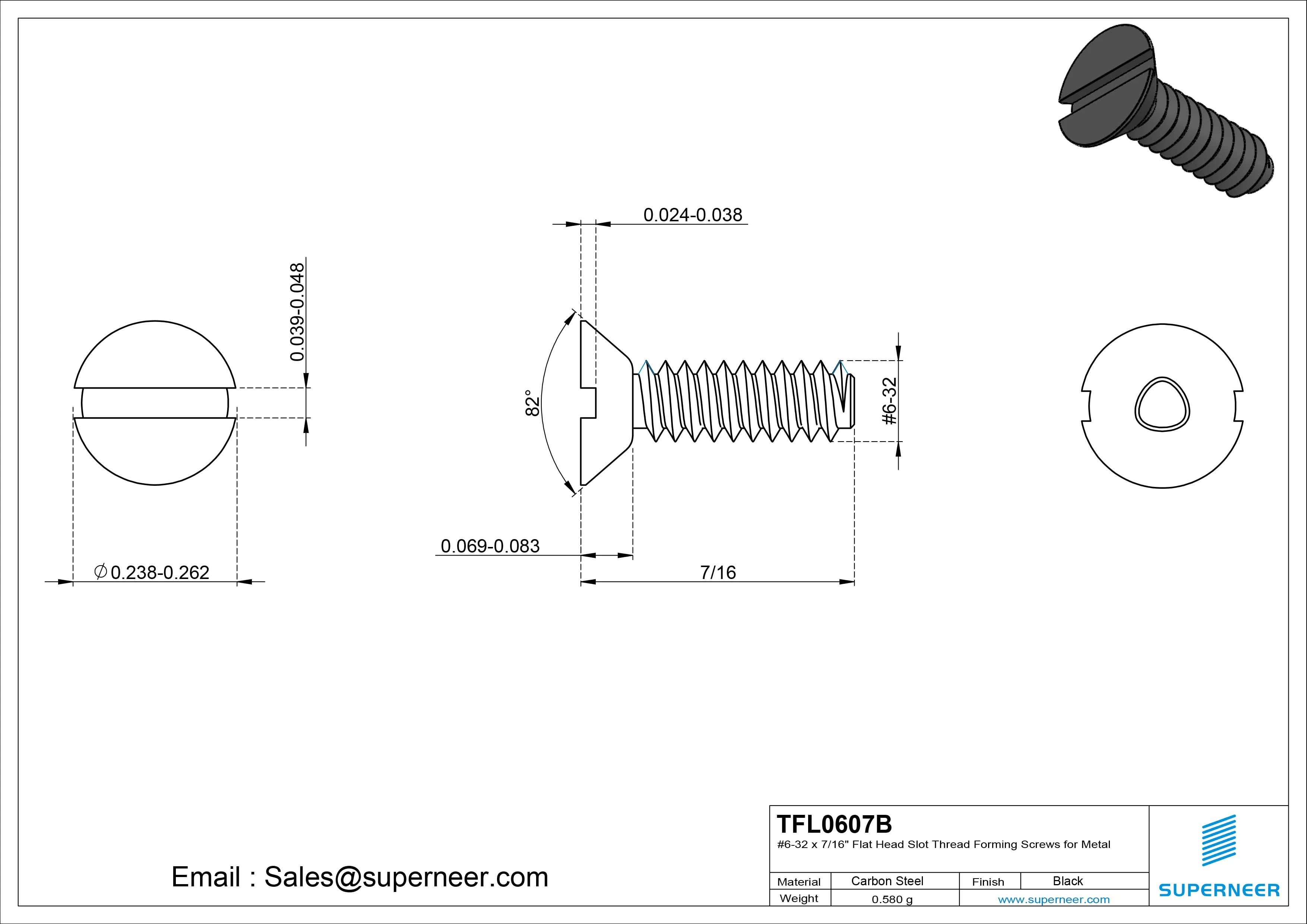 6-32 &times; 7/16 Flat Head Slot Thread Forming  Screws for Metal  Steel Black