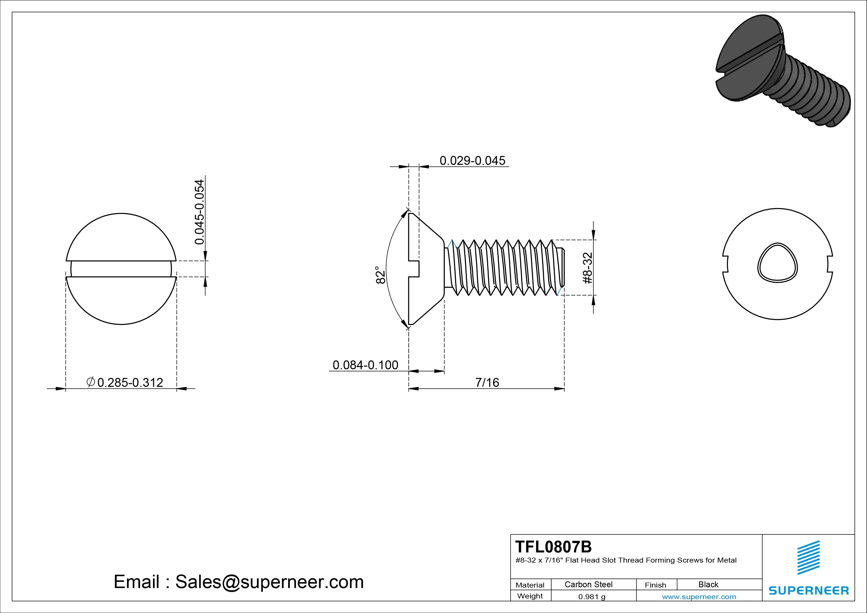 8-32 &times; 7/16 Flat Head Slot Thread Forming  Screws for Metal  Steel Black