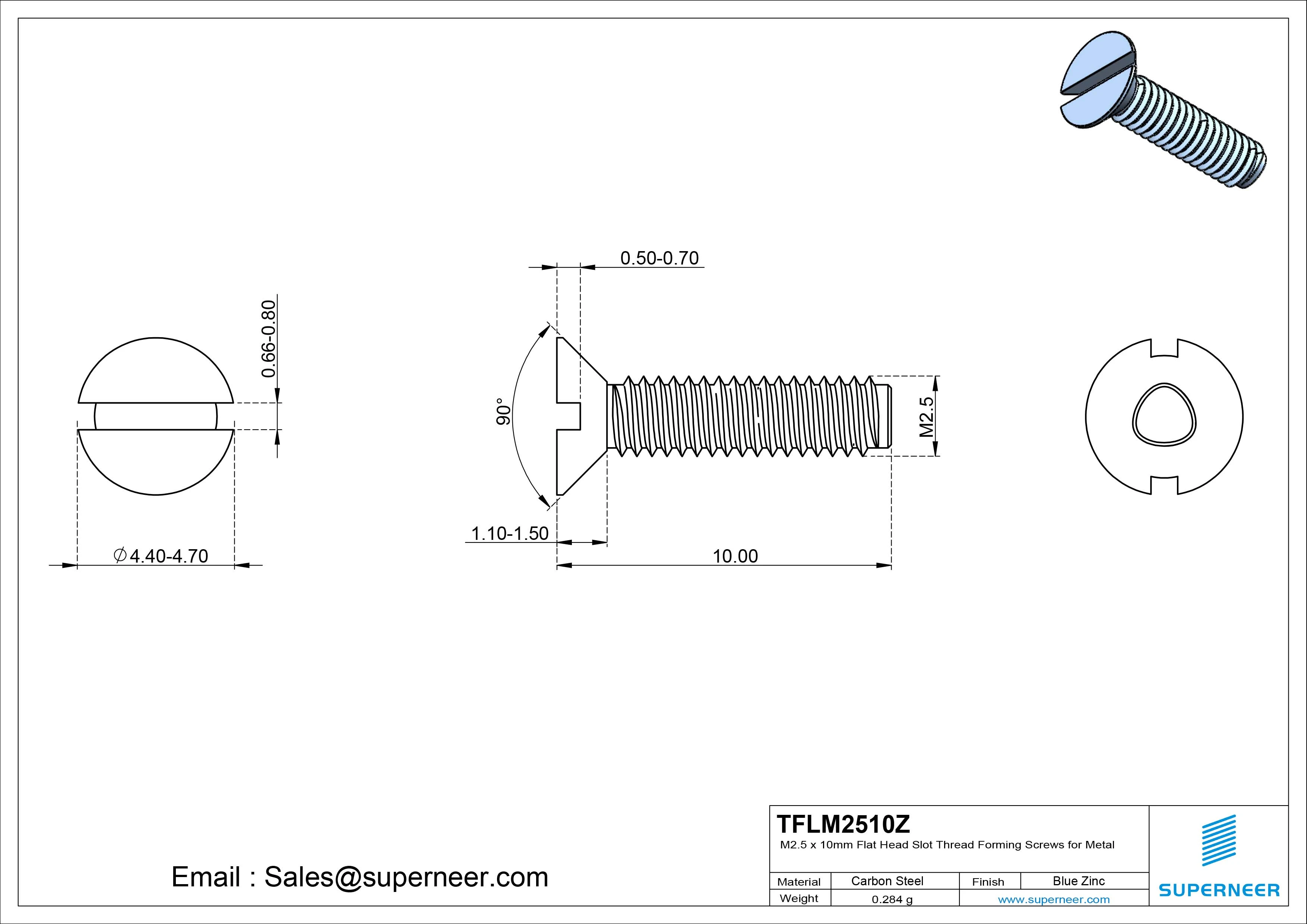 M2.5 &times; 10mm Flat Head Slot Thread Forming Screws for Metal Steel Blue Zinc Plated